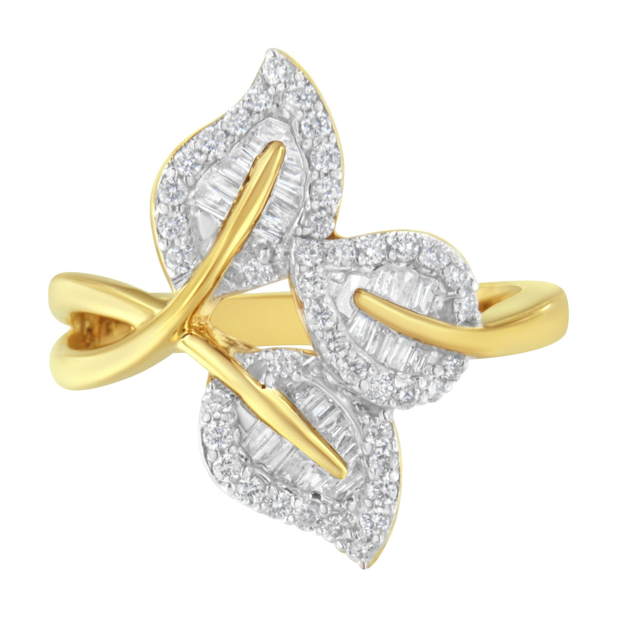 10k Yellow and White Gold 1/2 Cttw Baguette and Round Diamond Bypass Triple Leaf Ring (I-J Color, I1-I2 Clarity) - Size 7 - LinkagejewelrydesignLinkagejewelrydesign