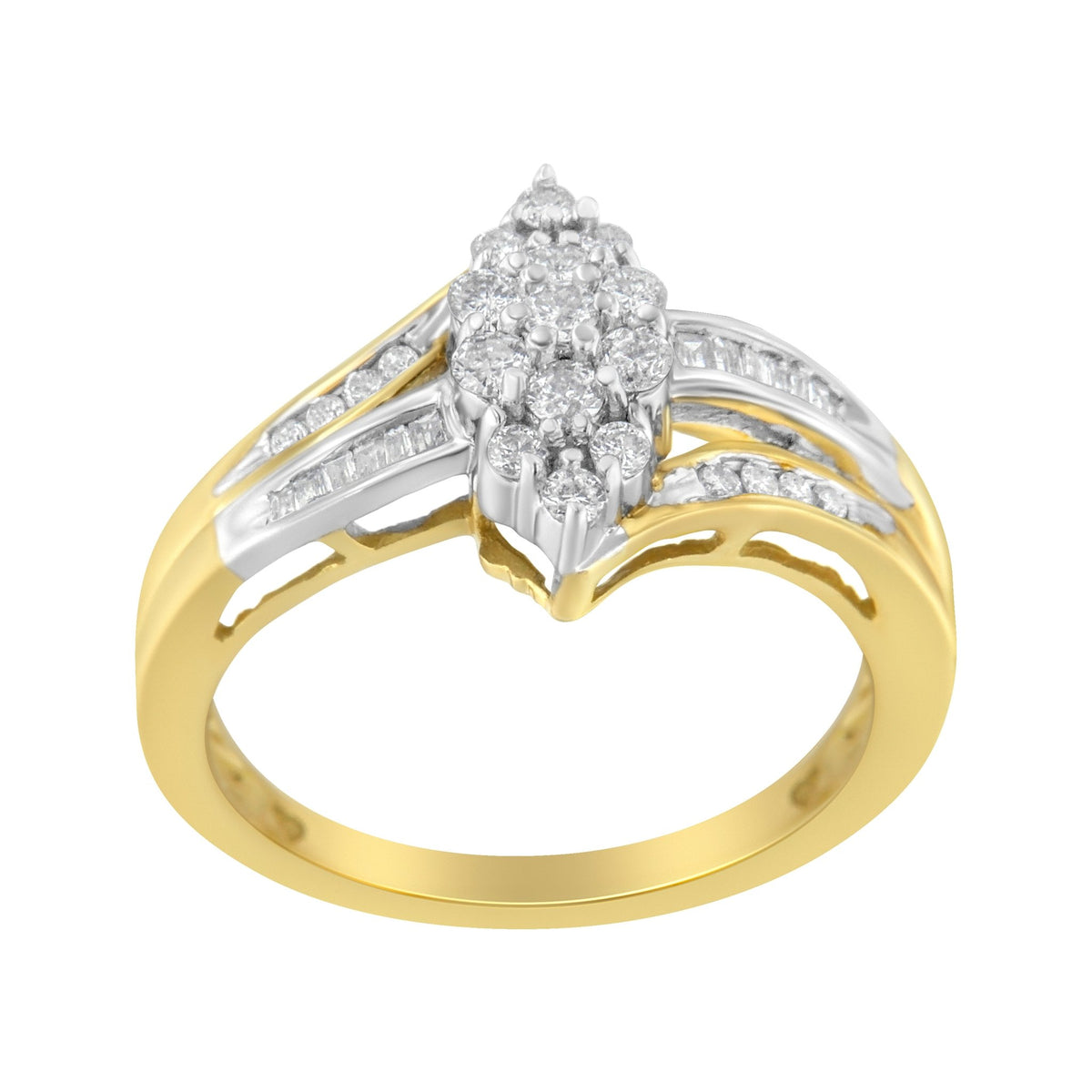 10K Yellow and White Gold 1/2 Cttw Diamond Marquise Shaped Cluster Split Shank Ring (H-I Color, SI2-I1 Clarity) - Size 7 - LinkagejewelrydesignLinkagejewelrydesign