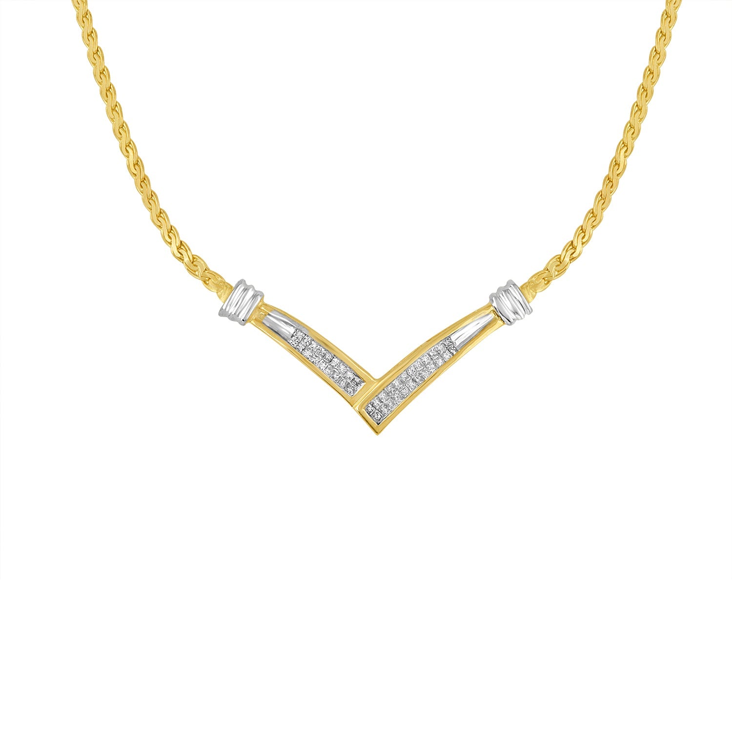 10K Yellow and White Gold 1/2 Cttw Princess Cut Diamond Channel-Set “V” Shape 18" Franco Chain Necklace (H-I Color, SI2-I1 Clarity) - LinkagejewelrydesignLinkagejewelrydesign