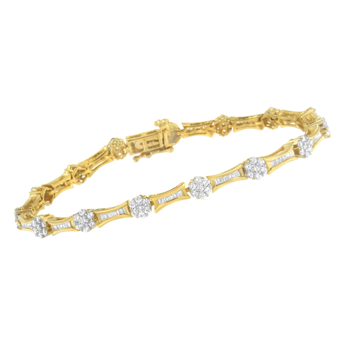 10K Yellow and White Gold 2.00 cttw Round and Baguette-Cut Diamond Link Bracelet (I-J Color, I2-I3 Clarity) - Size 7.25" - LinkagejewelrydesignLinkagejewelrydesign