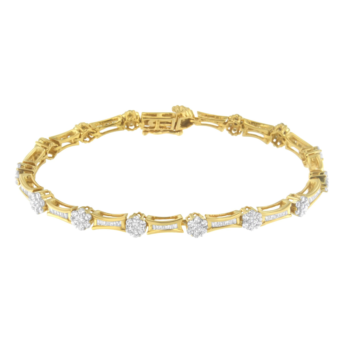 10K Yellow and White Gold 2.00 cttw Round and Baguette-Cut Diamond Link Bracelet (I-J Color, I2-I3 Clarity) - Size 7.25" - LinkagejewelrydesignLinkagejewelrydesign
