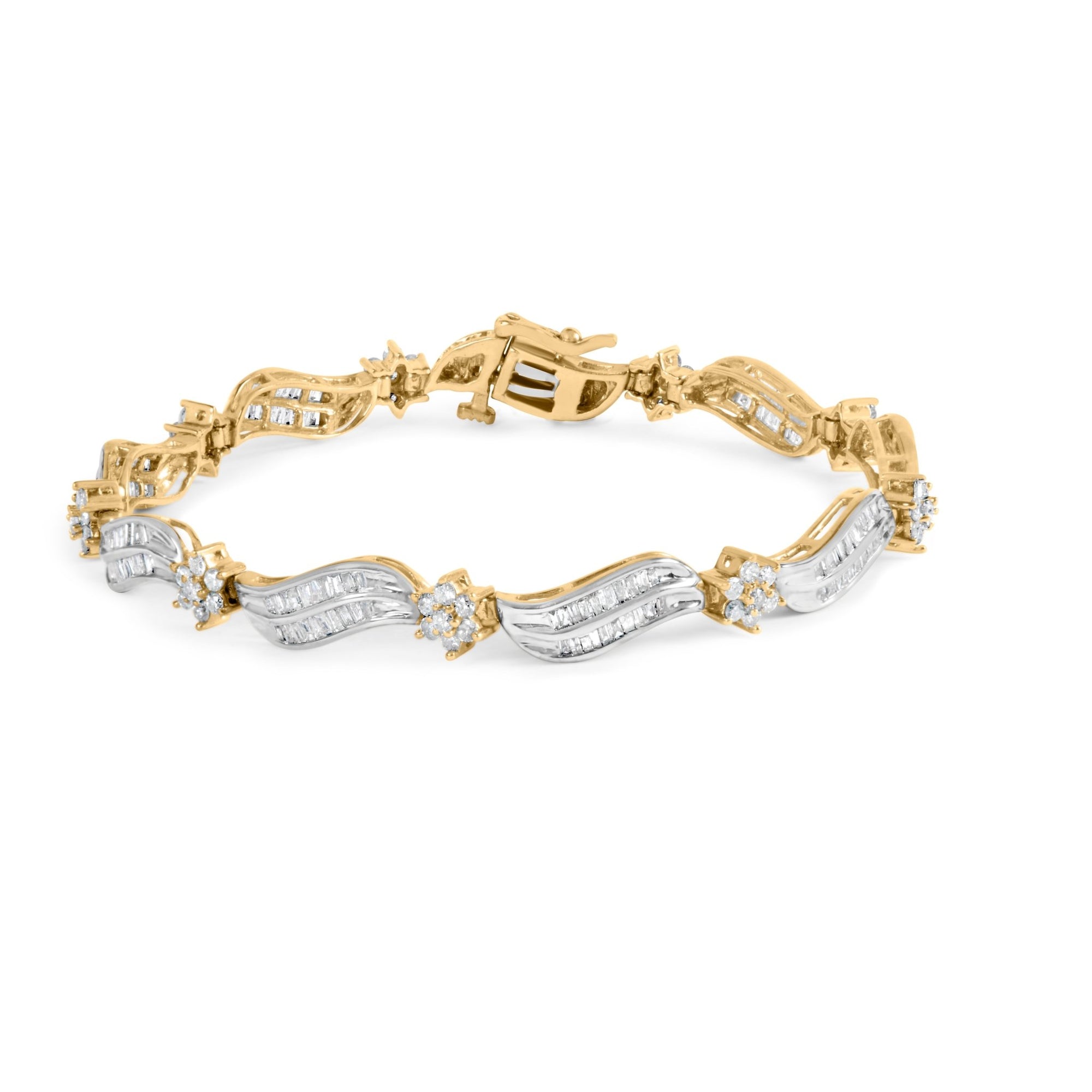 10K Yellow and White Gold 3.00 Cttw Diamond Cluster and Wave Link Bracelet (I-J Color, I1-I2 Clarity) - 7.25" - LinkagejewelrydesignLinkagejewelrydesign