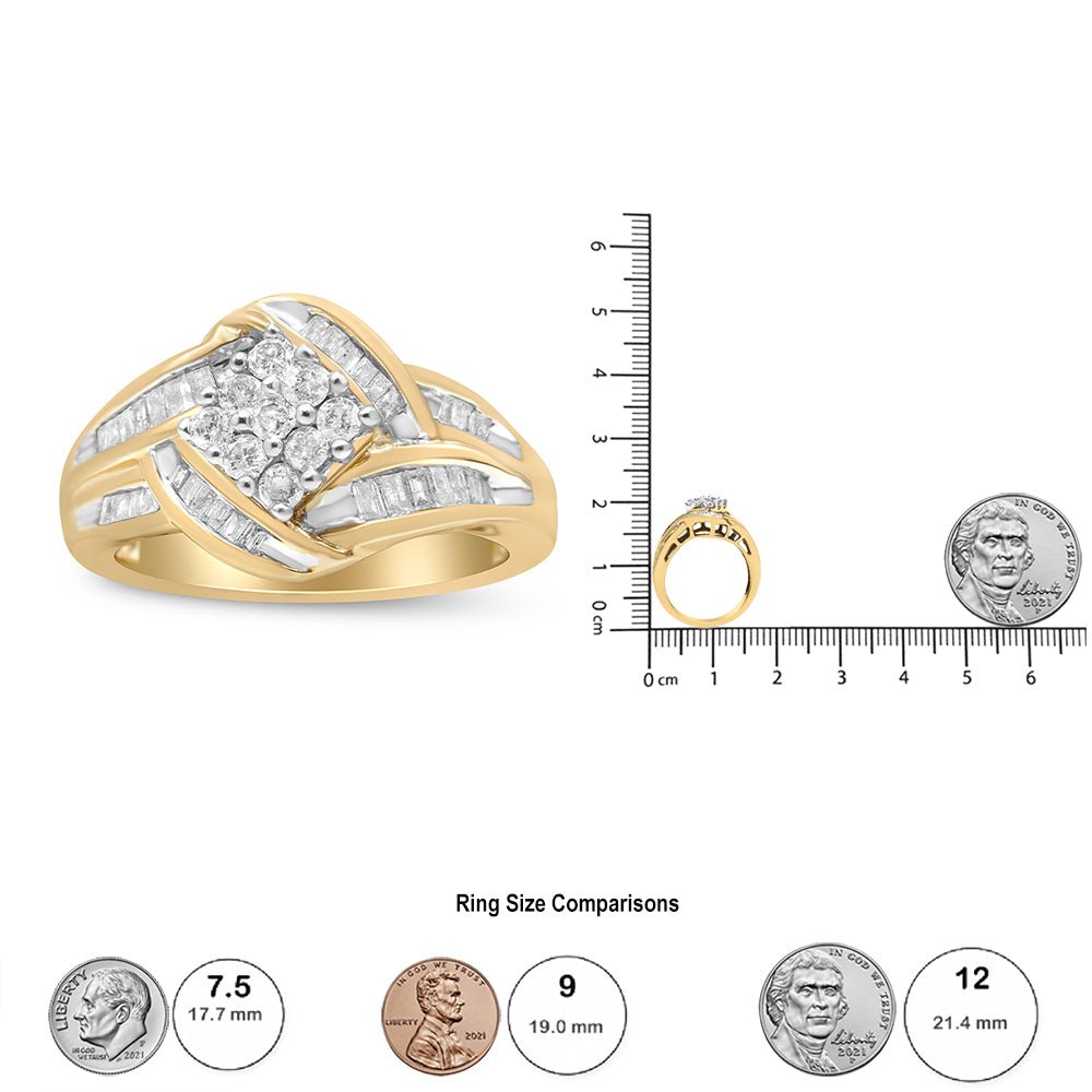 10K Yellow and White Gold 3/4 Cttw Diamond Cluster and Swirl Ring (H-I Color, I1-I2 Clarity) - LinkagejewelrydesignLinkagejewelrydesign