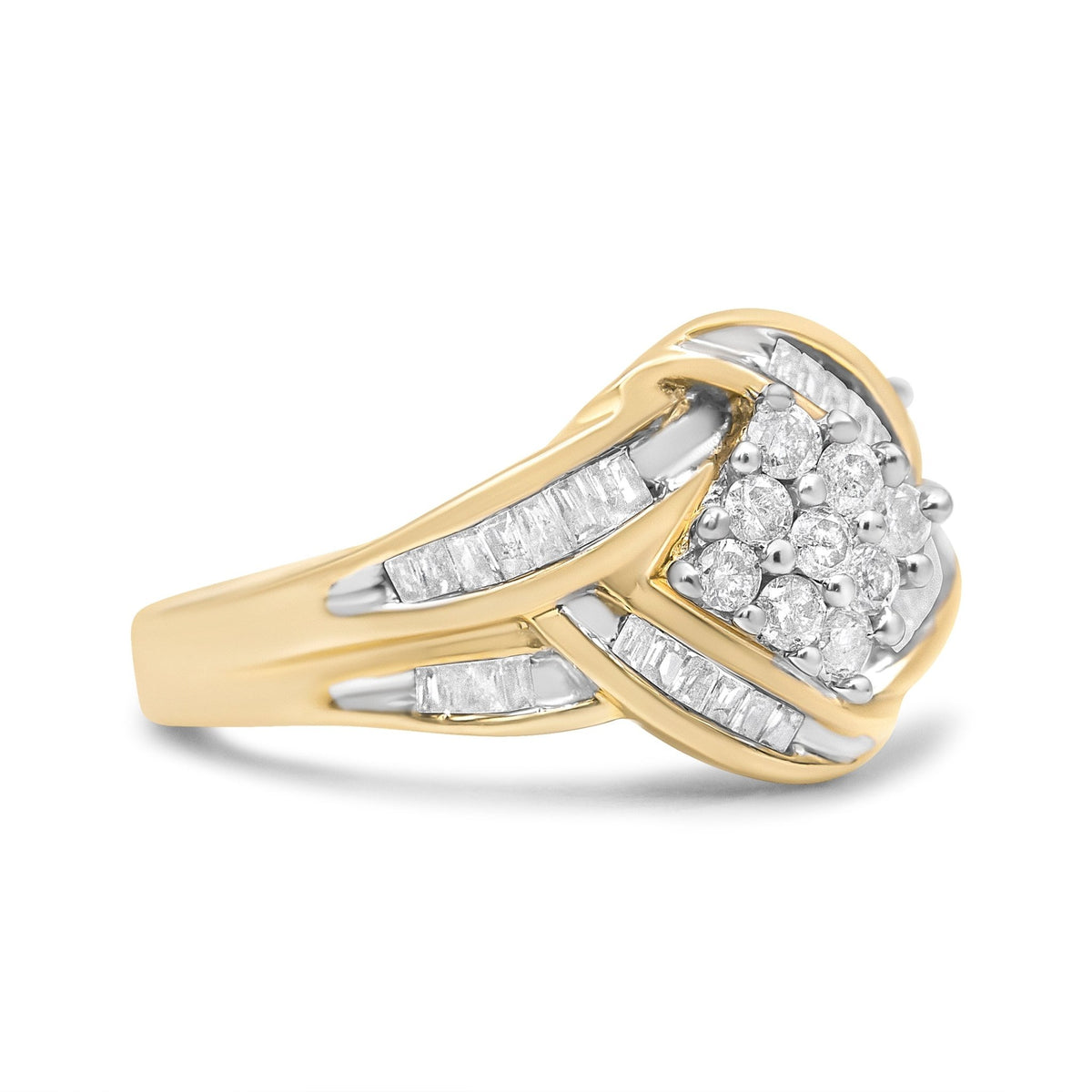 10K Yellow and White Gold 3/4 Cttw Diamond Cluster and Swirl Ring (H-I Color, I1-I2 Clarity) - LinkagejewelrydesignLinkagejewelrydesign