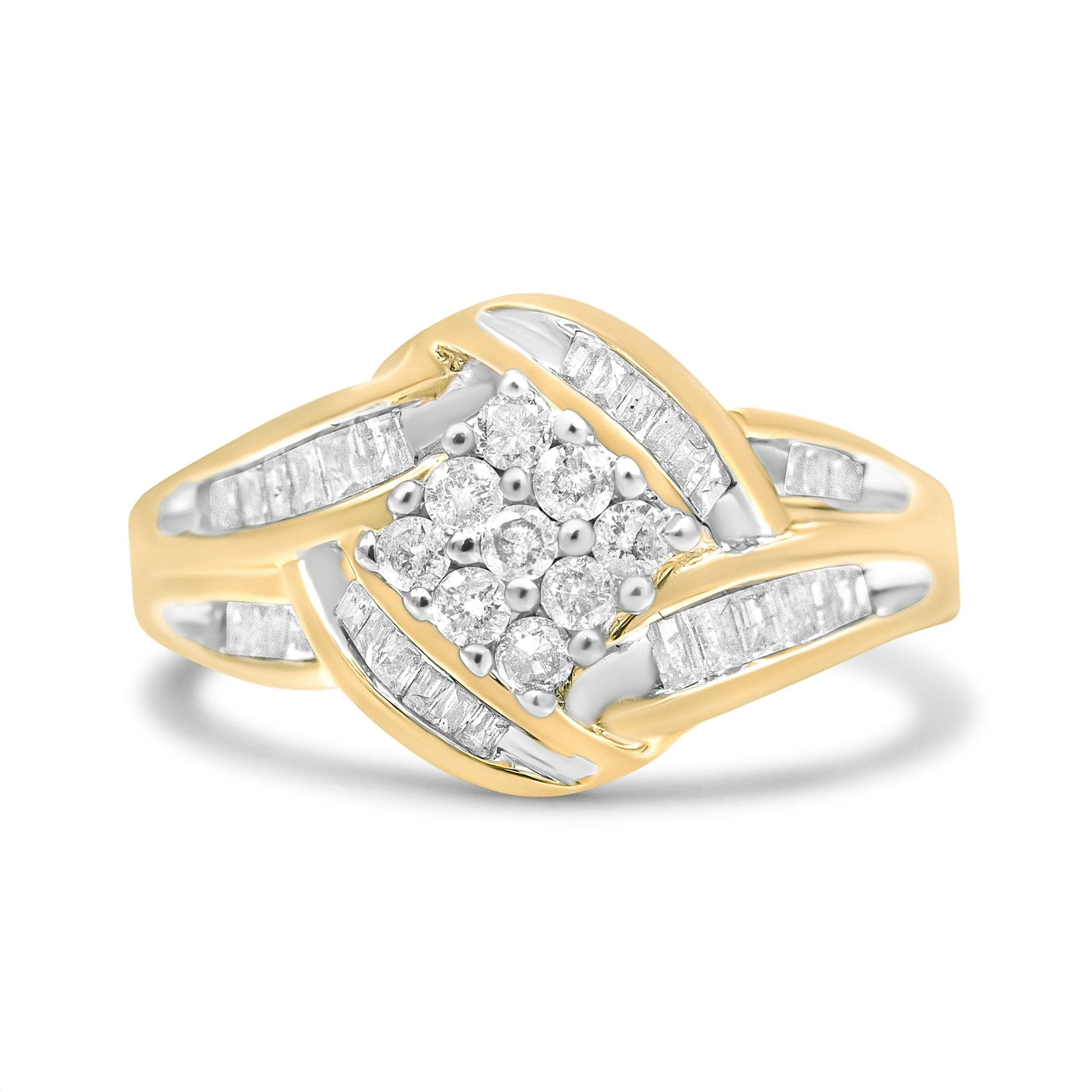 10K Yellow and White Gold 3/4 Cttw Diamond Cluster and Swirl Ring (H-I Color, I1-I2 Clarity) - LinkagejewelrydesignLinkagejewelrydesign