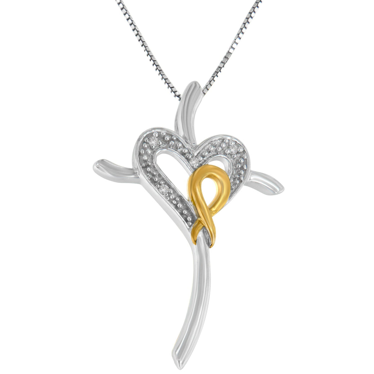 10K Yellow and White Gold Plated .925 Sterling Silver 1/25 Cttw Diamond Heart-Cross 18&quot; Pendant Necklace (H-I Color, I2-I3 Clarity) - LinkagejewelrydesignLinkagejewelrydesign