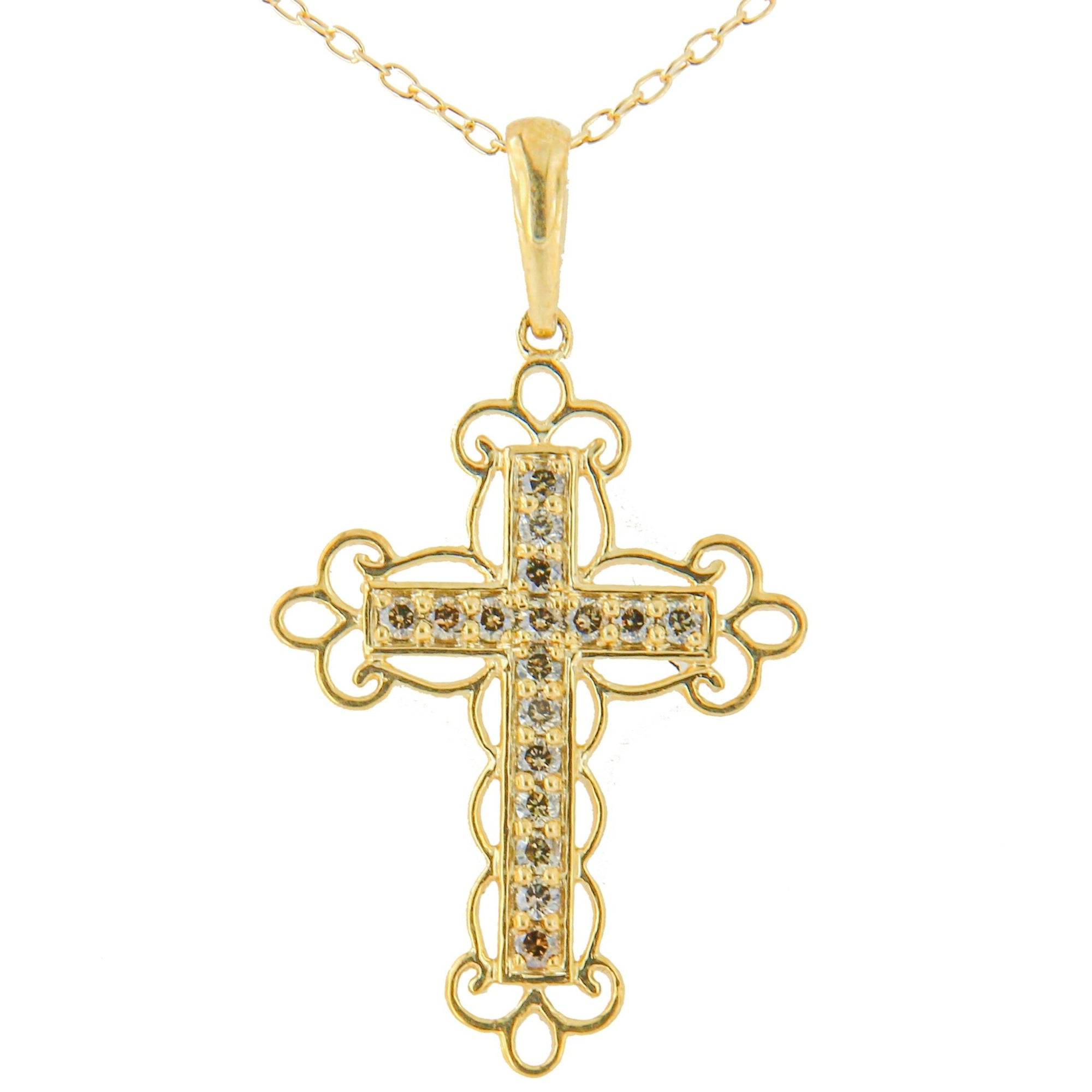 10K Yellow Flashed .925 Sterling Silver 1/4 Cttw Champagne Diamond Filigree Cross Pendant Necklace (K-L Color, I1-I2 Clarity) - 18" - LinkagejewelrydesignLinkagejewelrydesign