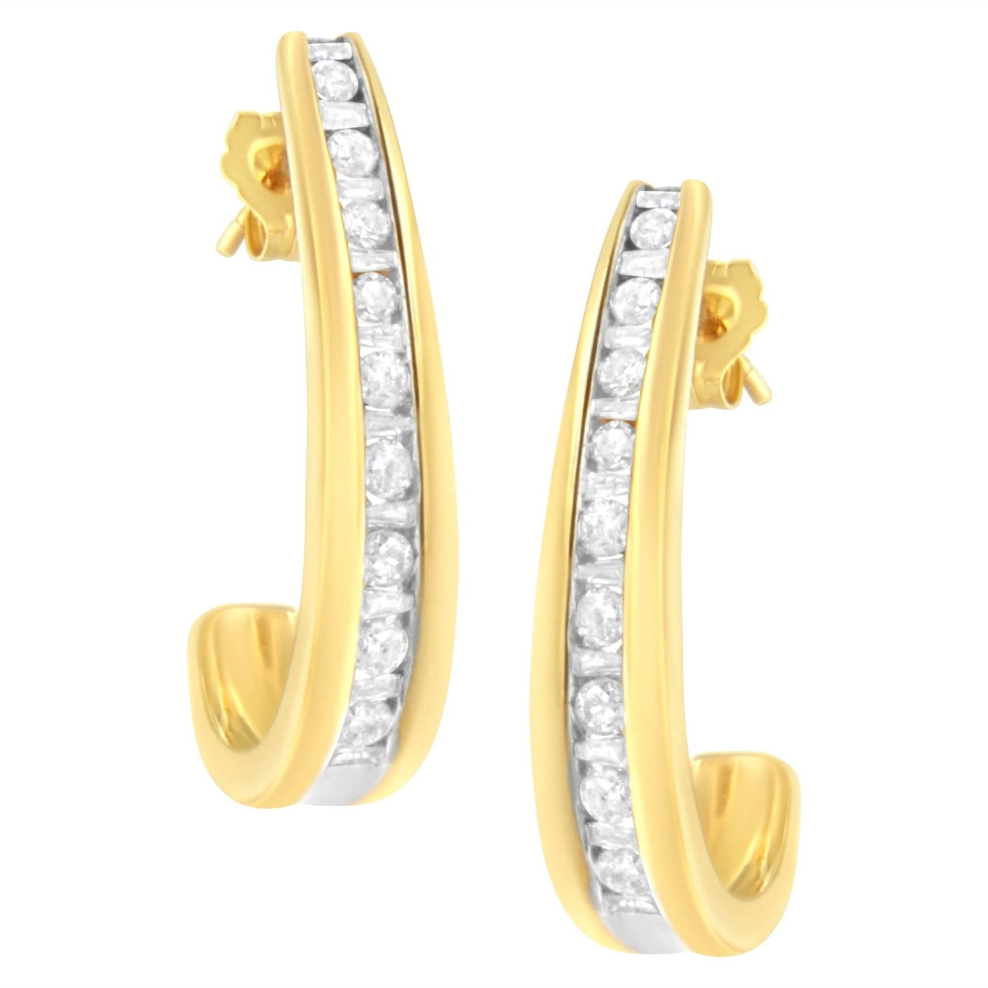 10K Yellow Gold 1 cttw Channel Set Diamond J-Hoop Earrings (H-I Clarity, I1-I2 Color) - LinkagejewelrydesignLinkagejewelrydesign