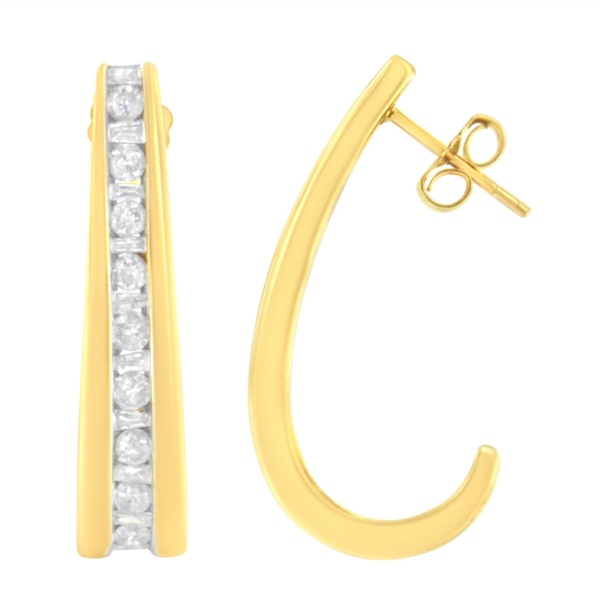 10K Yellow Gold 1 cttw Channel Set Diamond J-Hoop Earrings (H-I Clarity, I1-I2 Color) - LinkagejewelrydesignLinkagejewelrydesign