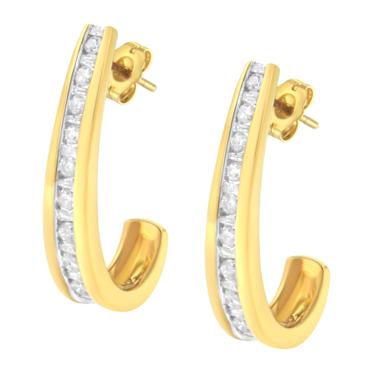 10K Yellow Gold 1 cttw Channel Set Diamond J-Hoop Earrings (H-I Clarity, I1-I2 Color) - LinkagejewelrydesignLinkagejewelrydesign
