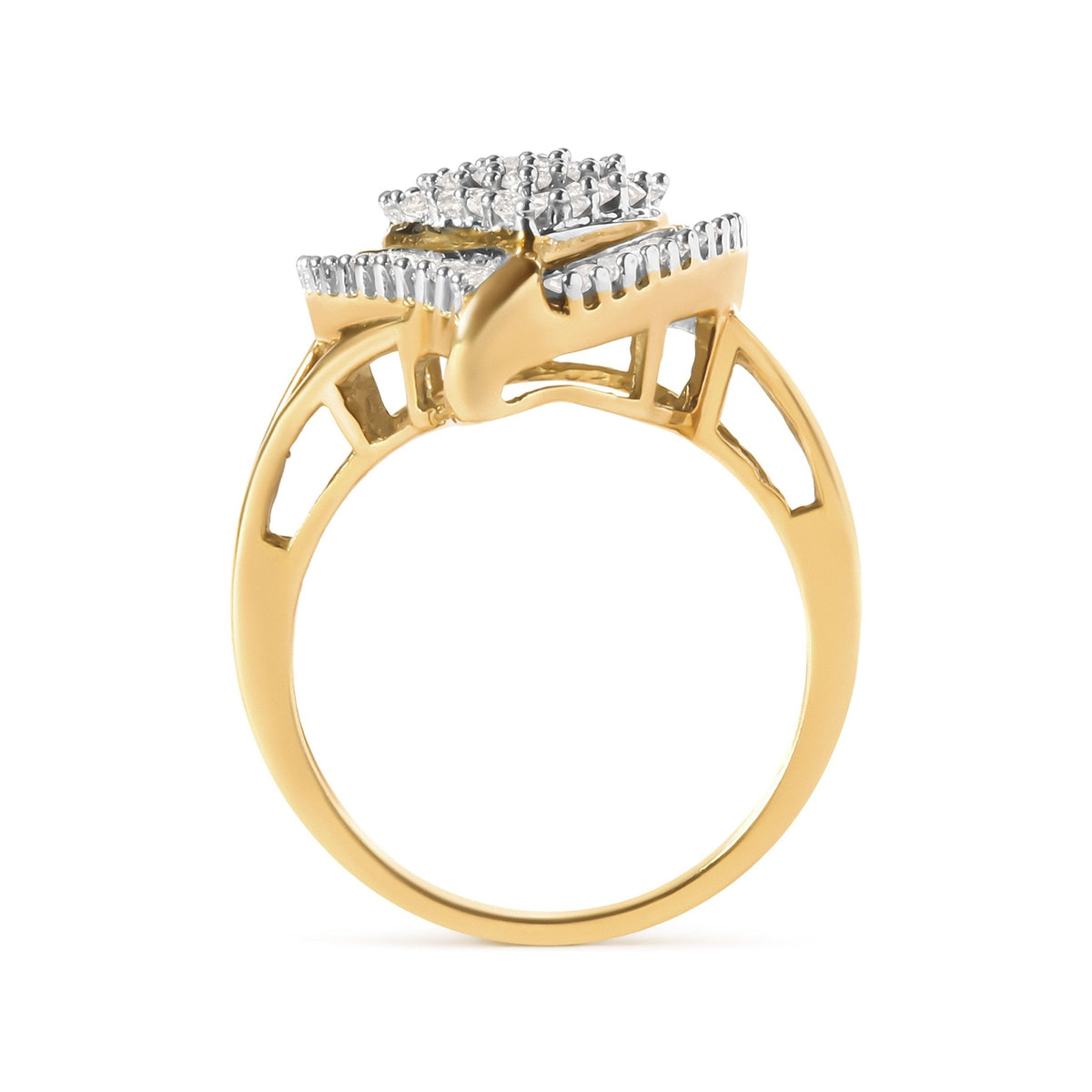 10K Yellow Gold 1 Cttw Round and Baguette Cut Diamond Ballerina Cluster Ring (H-I Color, SI2-I1 Clarity) - LinkagejewelrydesignLinkagejewelrydesign