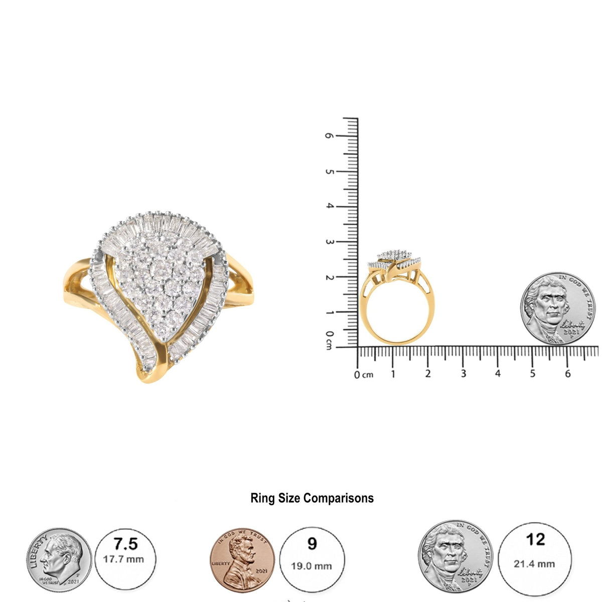 10K Yellow Gold 1 Cttw Round and Baguette Cut Diamond Ballerina Cluster Ring (H-I Color, SI2-I1 Clarity) - LinkagejewelrydesignLinkagejewelrydesign