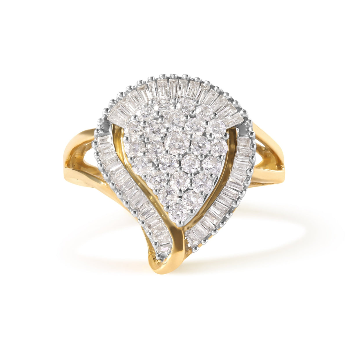 10K Yellow Gold 1 Cttw Round and Baguette Cut Diamond Ballerina Cluster Ring (H-I Color, SI2-I1 Clarity) - LinkagejewelrydesignLinkagejewelrydesign