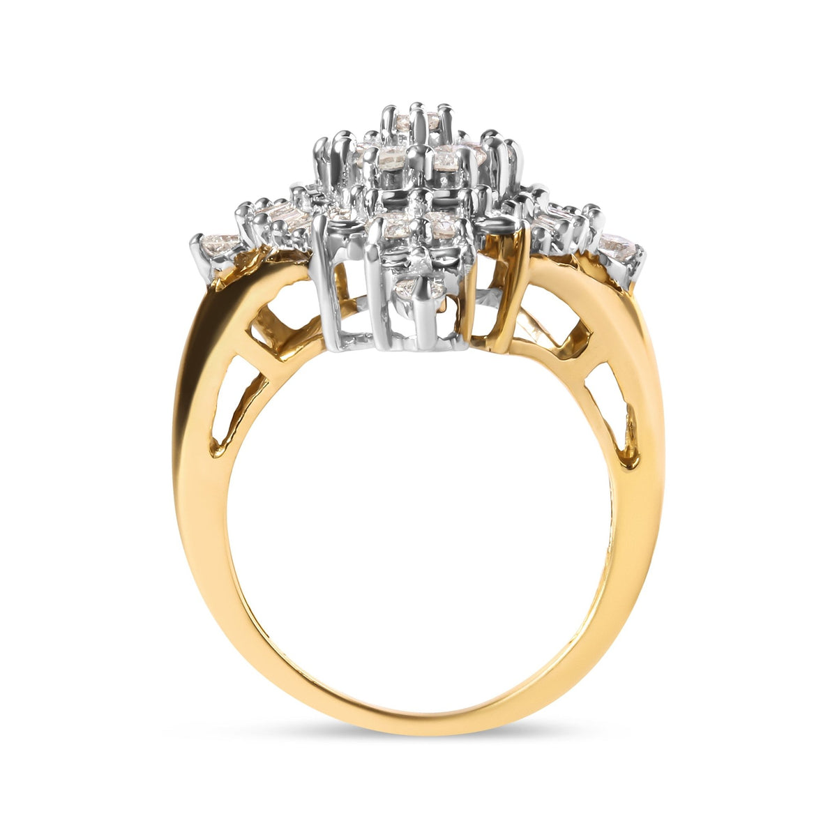 10K Yellow Gold 1 Cttw Round and Baguette cut Diamond Cluster and Rhombus Halo Ring (H-I Color, I1-I2 Clarity) - Ring Size 7 - LinkagejewelrydesignLinkagejewelrydesign