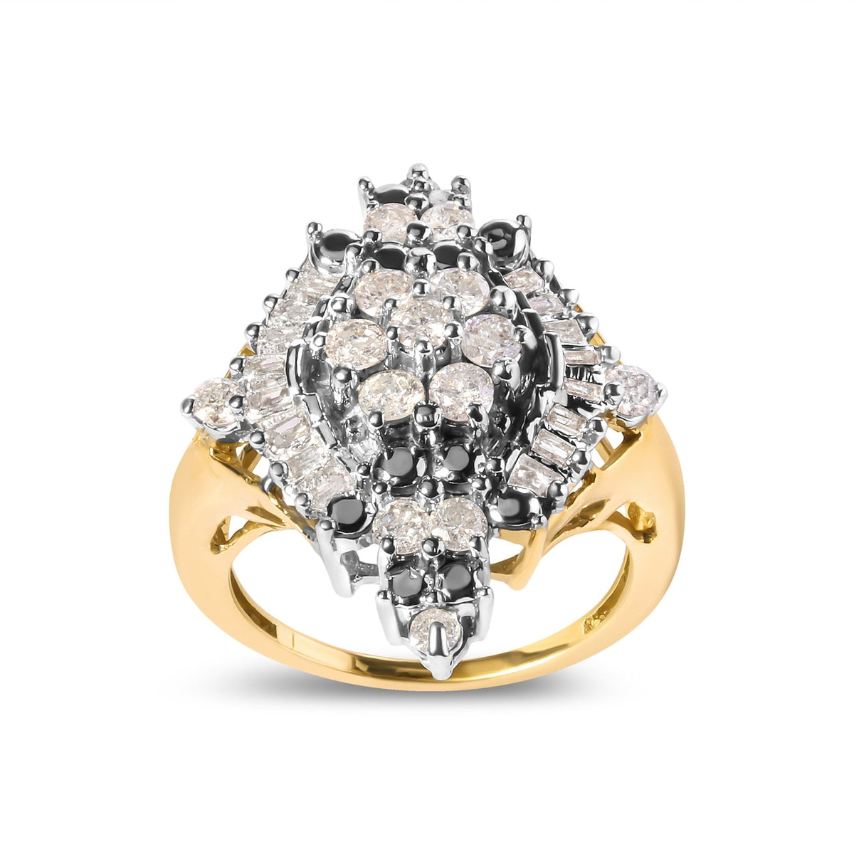10K Yellow Gold 1 Cttw Round and Baguette cut Diamond Cluster and Rhombus Halo Ring (H-I Color, I1-I2 Clarity) - Ring Size 7 - LinkagejewelrydesignLinkagejewelrydesign