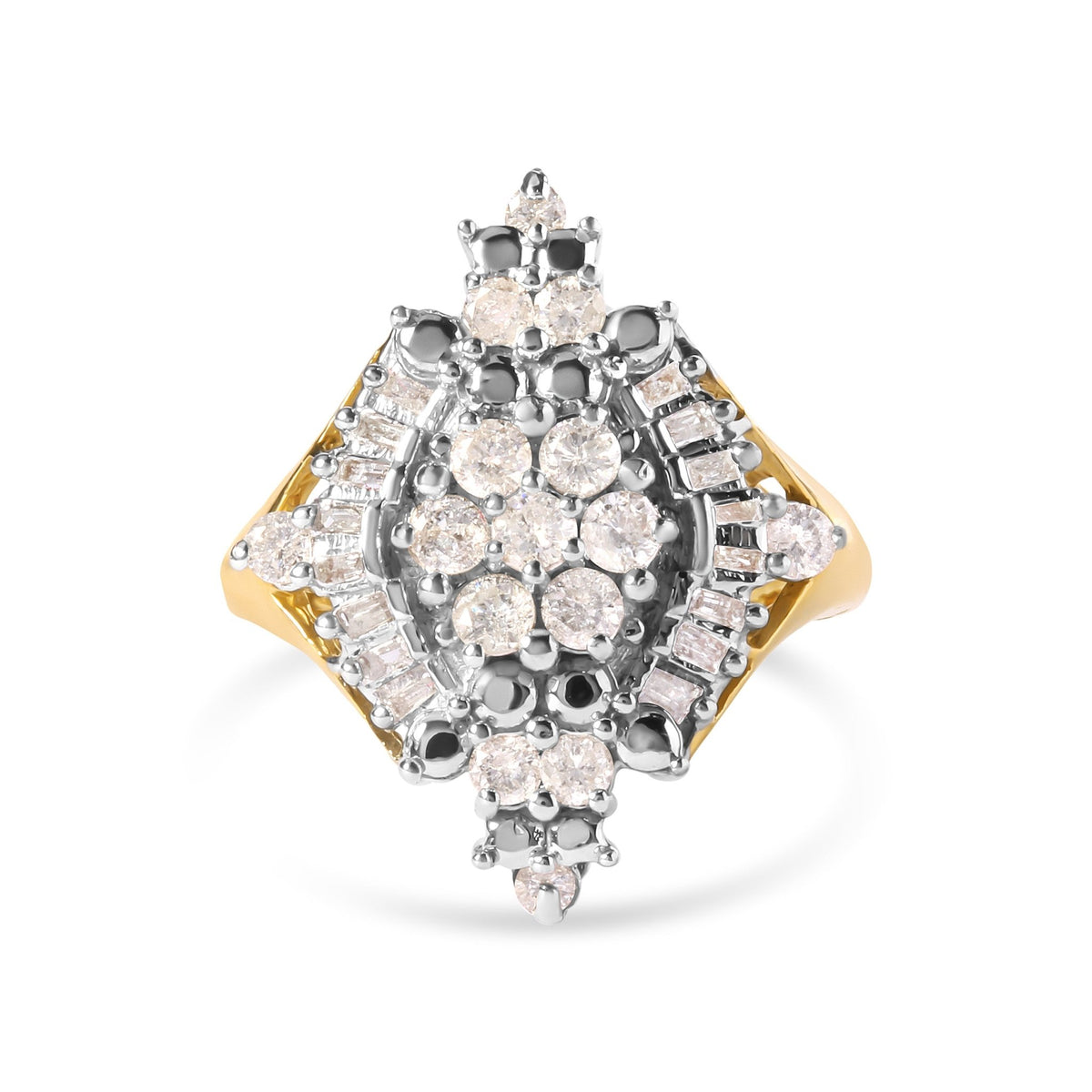 10K Yellow Gold 1 Cttw Round and Baguette cut Diamond Cluster and Rhombus Halo Ring (H-I Color, I1-I2 Clarity) - Ring Size 7 - LinkagejewelrydesignLinkagejewelrydesign