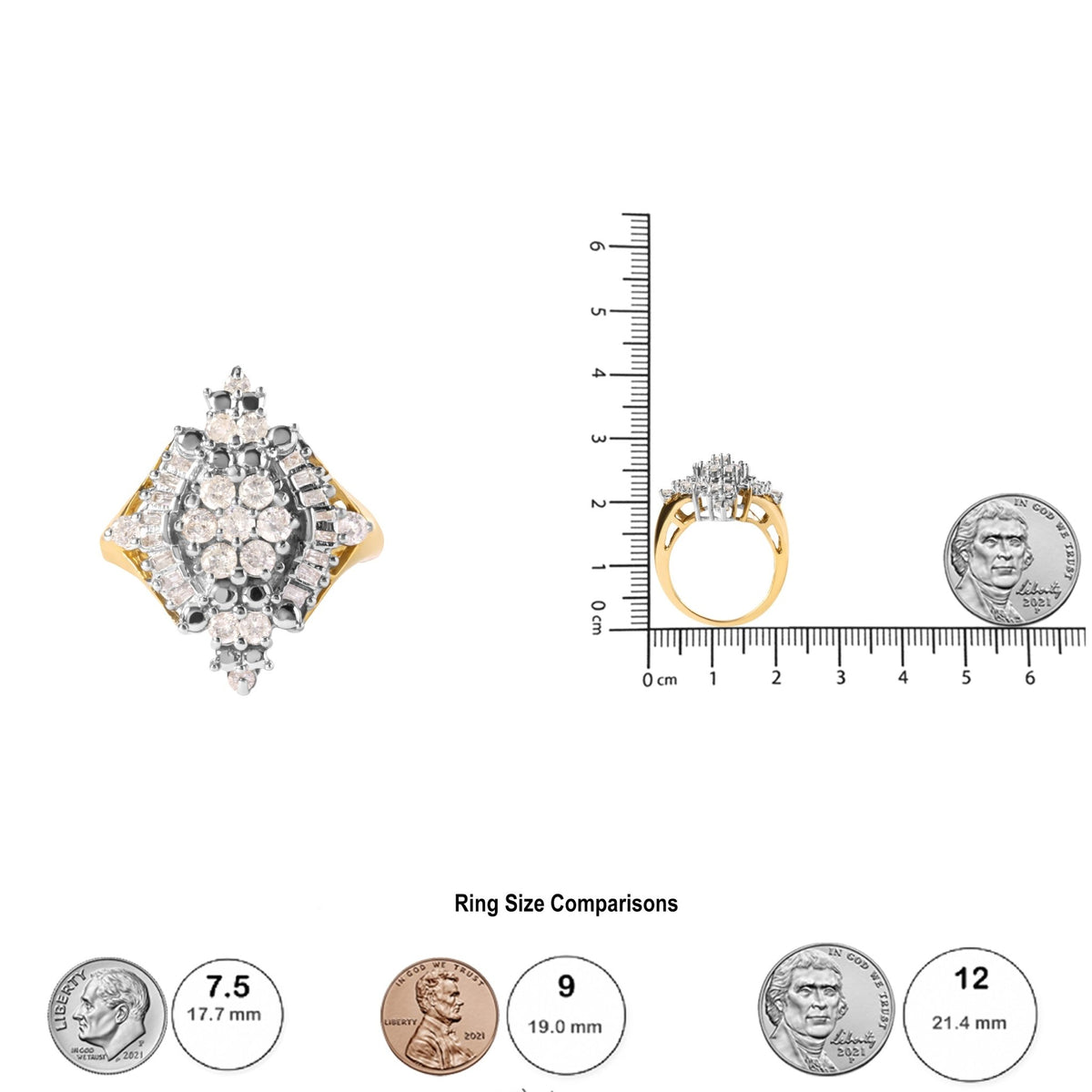 10K Yellow Gold 1 Cttw Round and Baguette cut Diamond Cluster and Rhombus Halo Ring (H-I Color, I1-I2 Clarity) - Ring Size 7 - LinkagejewelrydesignLinkagejewelrydesign