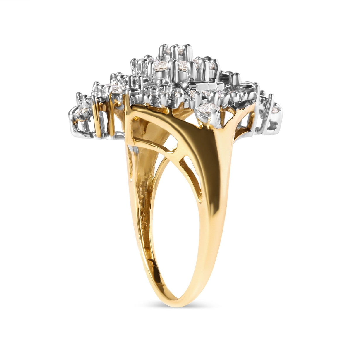 10K Yellow Gold 1 Cttw Round and Baguette cut Diamond Cluster and Rhombus Halo Ring (H-I Color, I1-I2 Clarity) - Ring Size 7 - LinkagejewelrydesignLinkagejewelrydesign