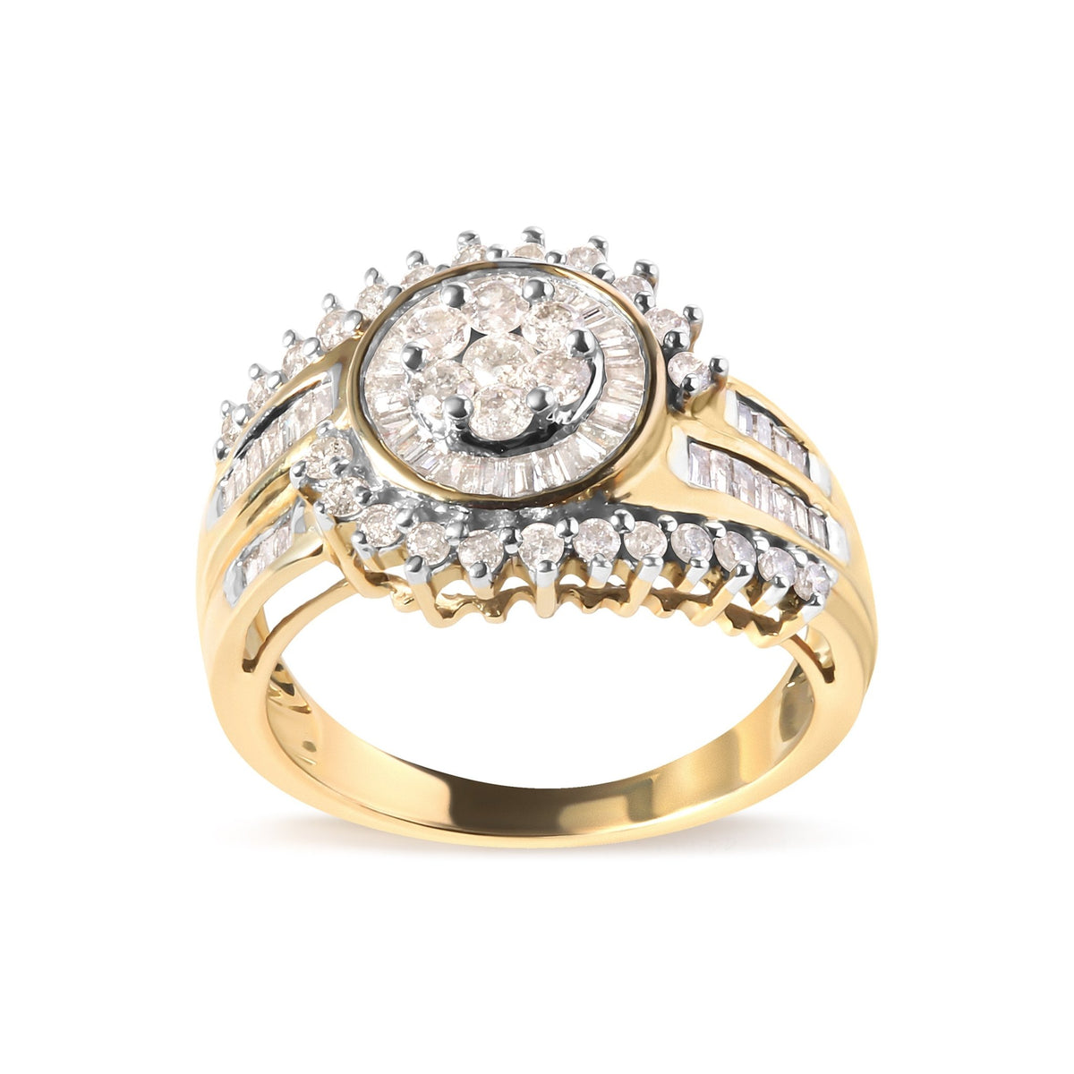 10K Yellow Gold 1 Cttw Round and Baguette cut Diamond Cluster Swirl Band Ring (H-I Color, I1-I2 Clarity) - Ring Size 7 - LinkagejewelrydesignLinkagejewelrydesign