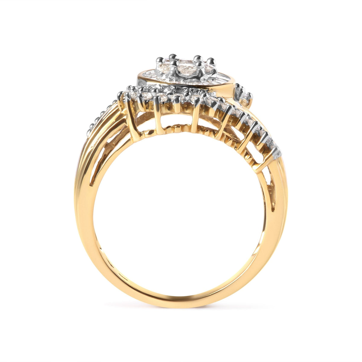 10K Yellow Gold 1 Cttw Round and Baguette cut Diamond Cluster Swirl Band Ring (H-I Color, I1-I2 Clarity) - Ring Size 7 - LinkagejewelrydesignLinkagejewelrydesign