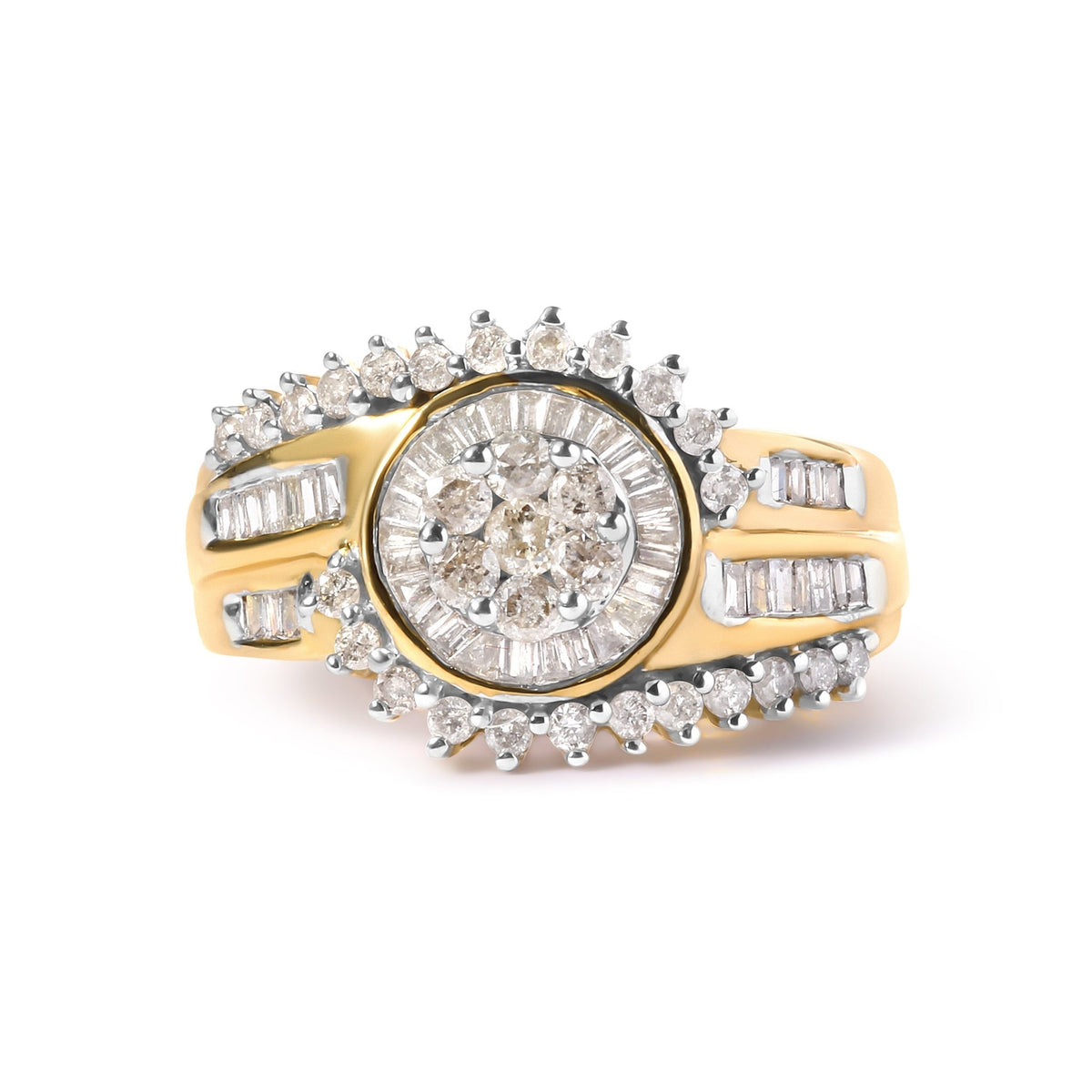 10K Yellow Gold 1 Cttw Round and Baguette cut Diamond Cluster Swirl Band Ring (H-I Color, I1-I2 Clarity) - Ring Size 7 - LinkagejewelrydesignLinkagejewelrydesign