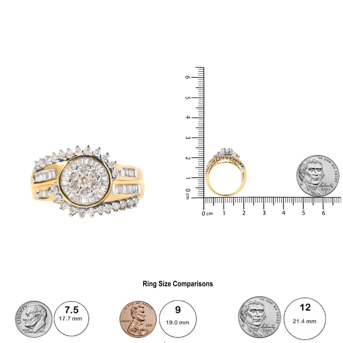 10K Yellow Gold 1 Cttw Round and Baguette cut Diamond Cluster Swirl Band Ring (H-I Color, I1-I2 Clarity) - Ring Size 7 - LinkagejewelrydesignLinkagejewelrydesign