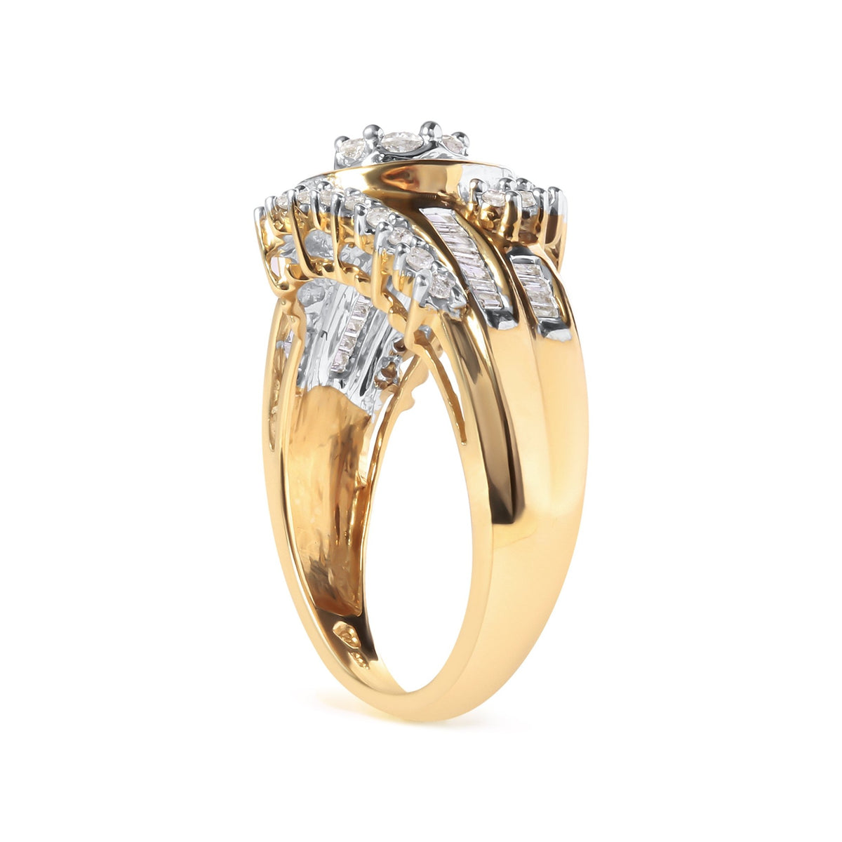 10K Yellow Gold 1 Cttw Round and Baguette cut Diamond Cluster Swirl Band Ring (H-I Color, I1-I2 Clarity) - Ring Size 7 - LinkagejewelrydesignLinkagejewelrydesign