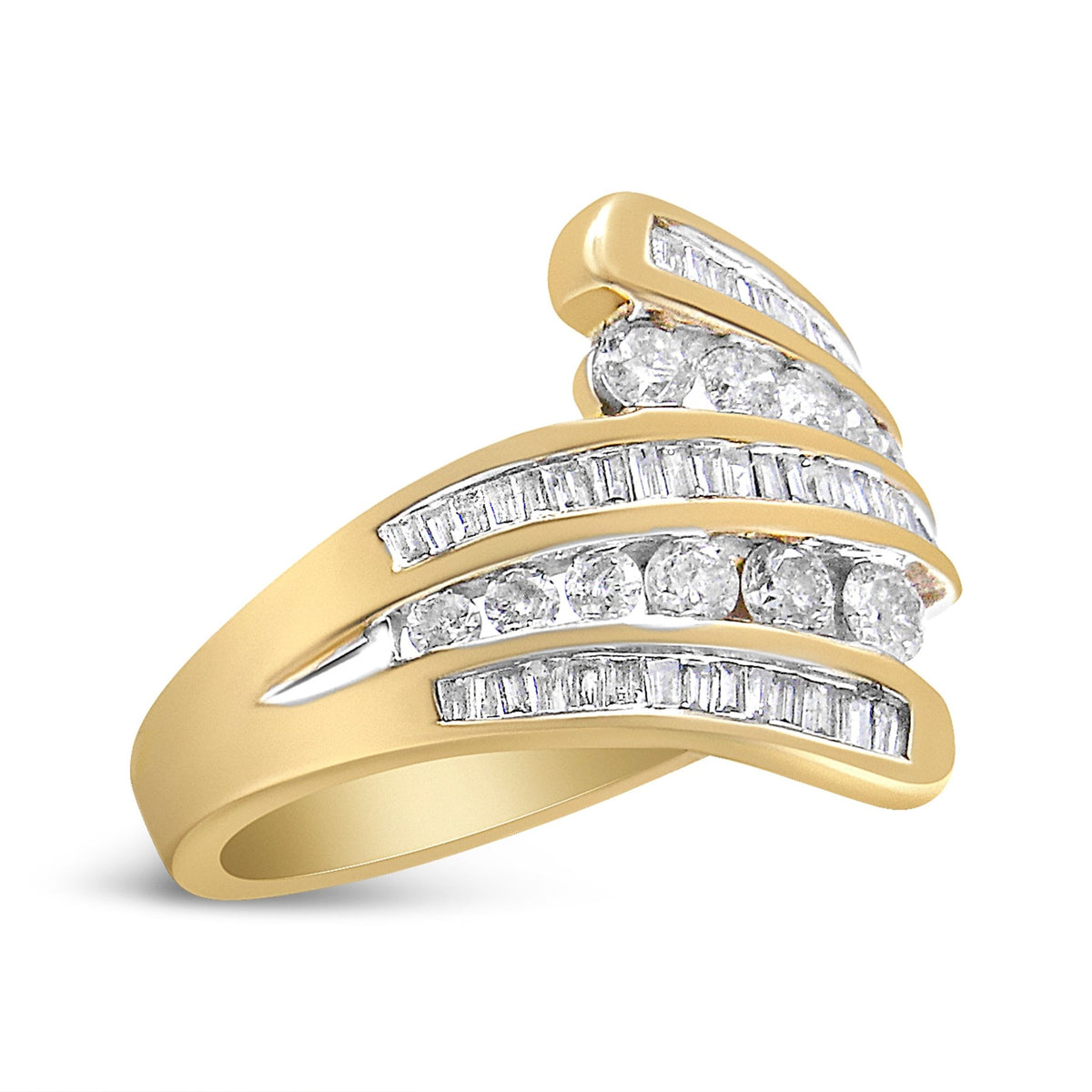 10K Yellow Gold 1 Cttw Round and Baguette-Cut Diamond Multi Row Bypass Ring Band (H-I Color, I1-I2 Clarity) - Ring Size 7 - LinkagejewelrydesignLinkagejewelrydesign