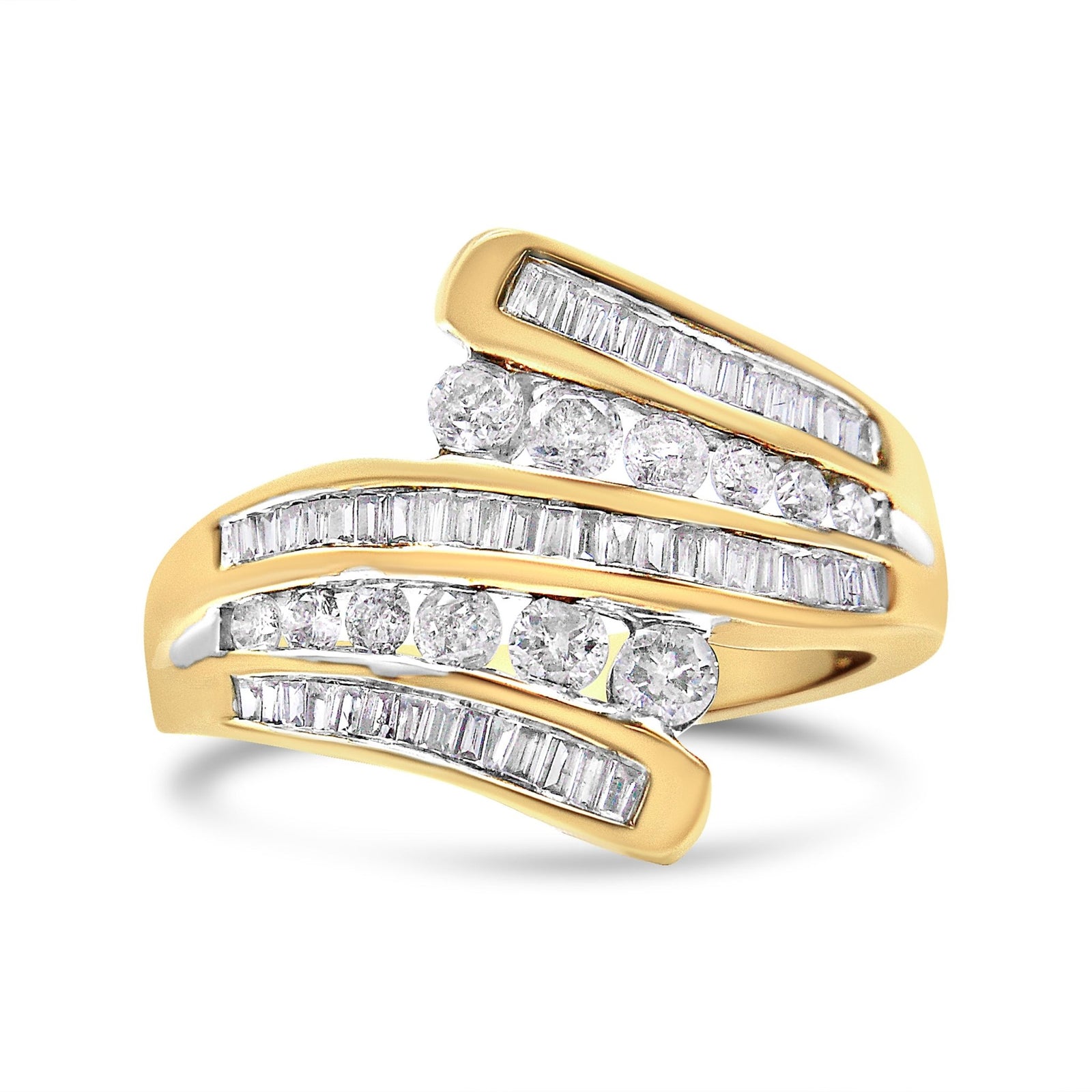 10K Yellow Gold 1 Cttw Round and Baguette-Cut Diamond Multi Row Bypass Ring Band (H-I Color, I1-I2 Clarity) - Ring Size 7 - LinkagejewelrydesignLinkagejewelrydesign