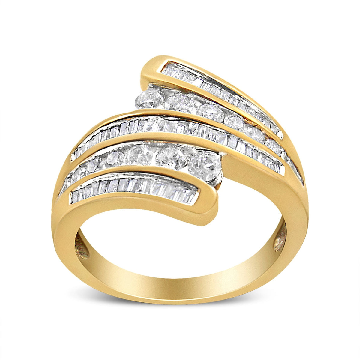 10K Yellow Gold 1 Cttw Round and Baguette-Cut Diamond Multi Row Bypass Ring Band (H-I Color, I1-I2 Clarity) - Ring Size 7 - LinkagejewelrydesignLinkagejewelrydesign