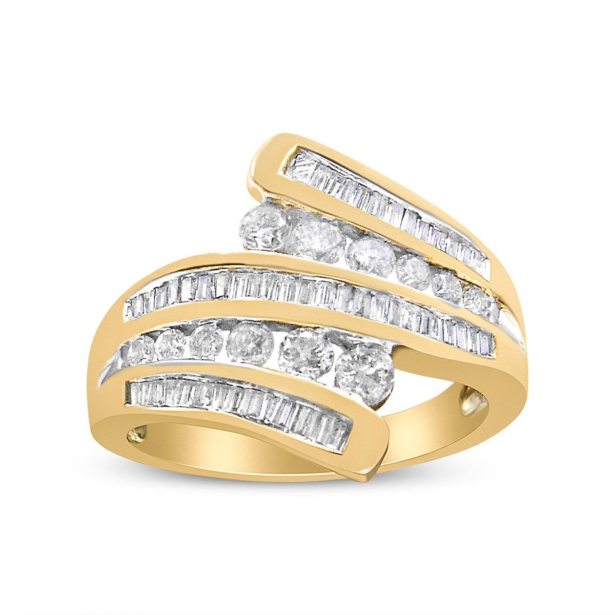 10K Yellow Gold 1 Cttw Round and Baguette-Cut Diamond Multi Row Bypass Ring Band (H-I Color, I1-I2 Clarity) - Ring Size 7 - LinkagejewelrydesignLinkagejewelrydesign