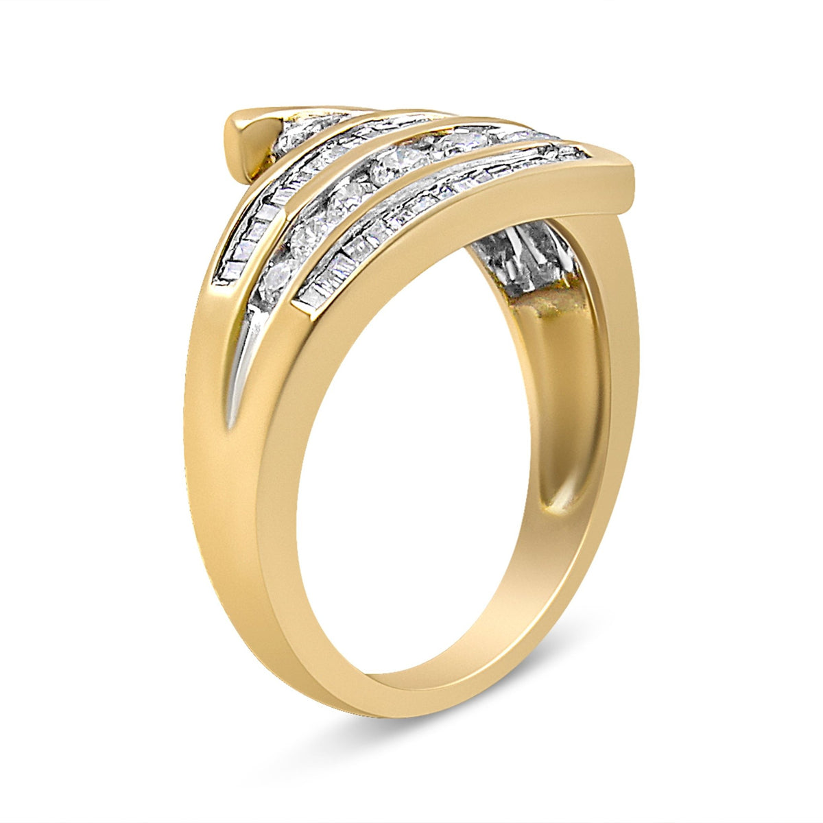 10K Yellow Gold 1 Cttw Round and Baguette-Cut Diamond Multi Row Bypass Ring Band (H-I Color, I1-I2 Clarity) - Ring Size 7 - LinkagejewelrydesignLinkagejewelrydesign