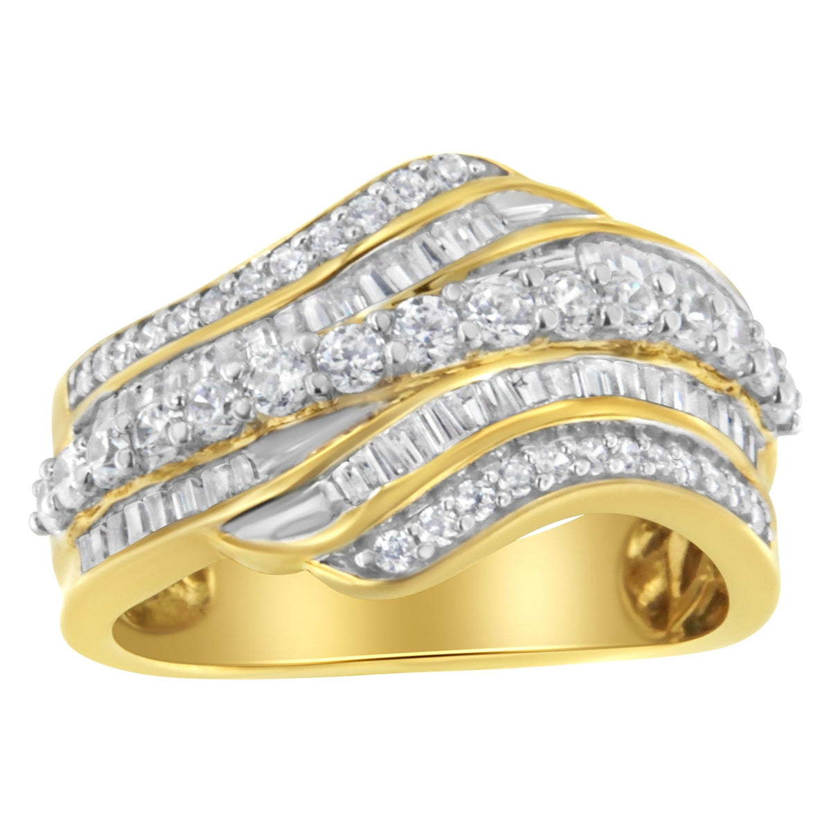 10K Yellow Gold 1.0 Cttw Baguette and Round Diamond Multi-Row Wave Bypass Ring (I-J Color, I1-I2 Clarity) - Ring Size 7 - LinkagejewelrydesignLinkagejewelrydesign