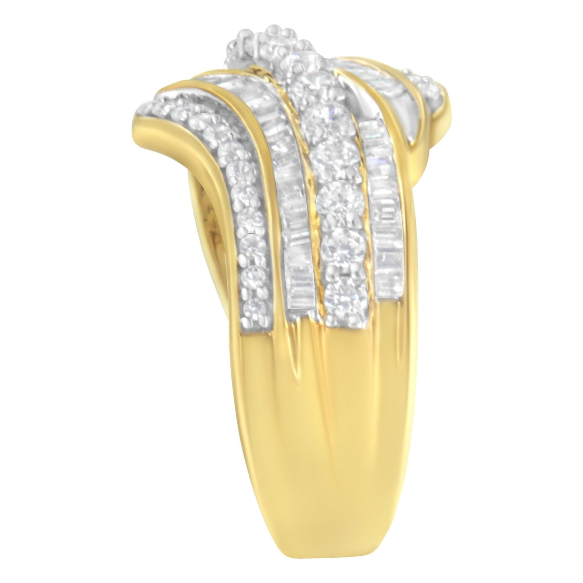 10K Yellow Gold 1.0 Cttw Baguette and Round Diamond Multi-Row Wave Bypass Ring (I-J Color, I1-I2 Clarity) - Ring Size 7 - LinkagejewelrydesignLinkagejewelrydesign