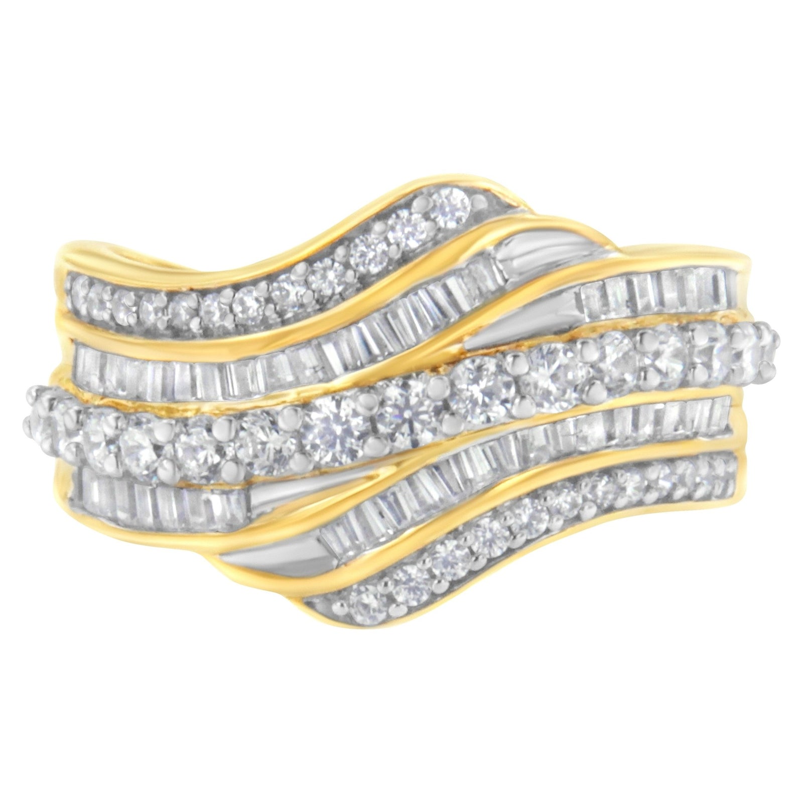 10K Yellow Gold 1.0 Cttw Baguette and Round Diamond Multi-Row Wave Bypass Ring (I-J Color, I1-I2 Clarity) - Ring Size 7 - LinkagejewelrydesignLinkagejewelrydesign