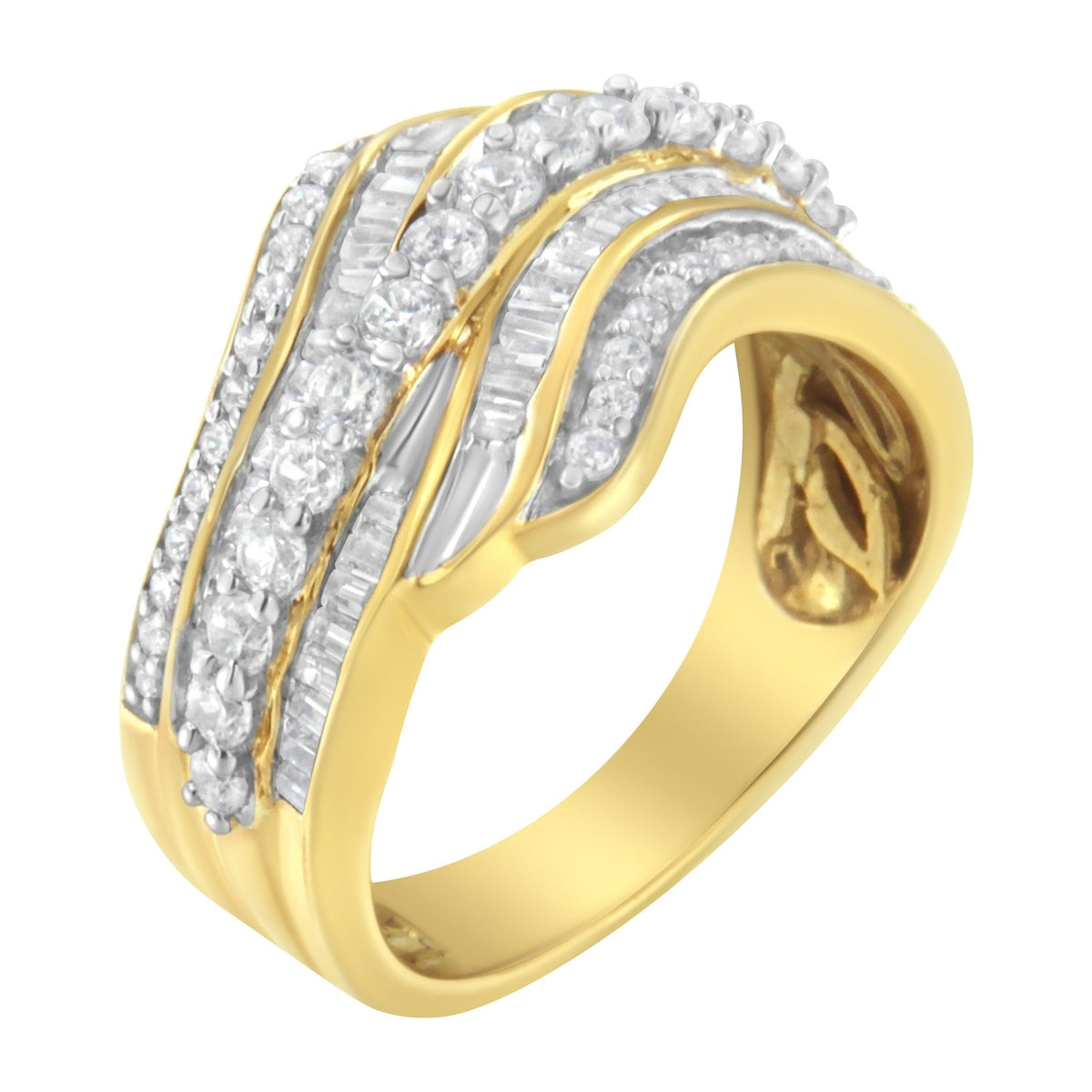 10K Yellow Gold 1.0 Cttw Baguette and Round Diamond Multi-Row Wave Bypass Ring (I-J Color, I1-I2 Clarity) - Ring Size 7 - LinkagejewelrydesignLinkagejewelrydesign