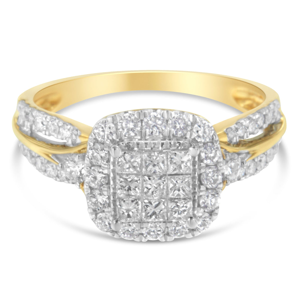 10K Yellow Gold 1.0 Cttw Diamond Composite Cushion-Shape Halo 3-Band-Look Engagement Ring (H-I Color, SI1-SI2 Clarity) - Size 6-1/4 - LinkagejewelrydesignLinkagejewelrydesign