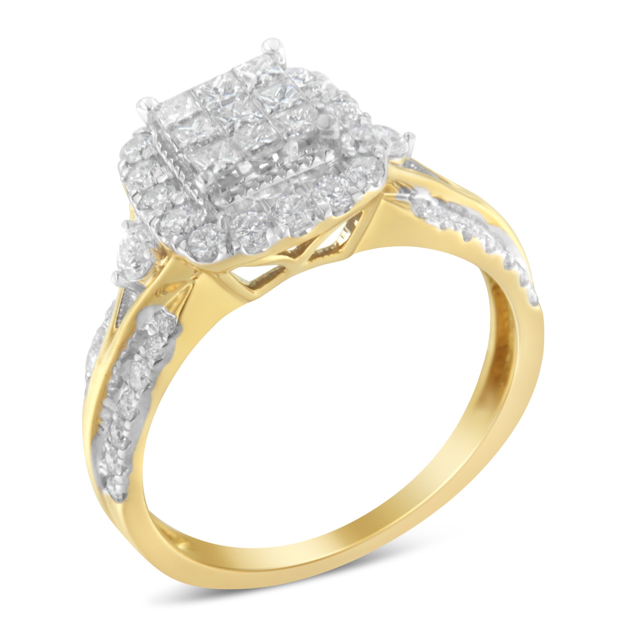 10K Yellow Gold 1.0 Cttw Diamond Composite Cushion-Shape Halo 3-Band-Look Engagement Ring (H-I Color, SI1-SI2 Clarity) - Size 6-1/4 - LinkagejewelrydesignLinkagejewelrydesign