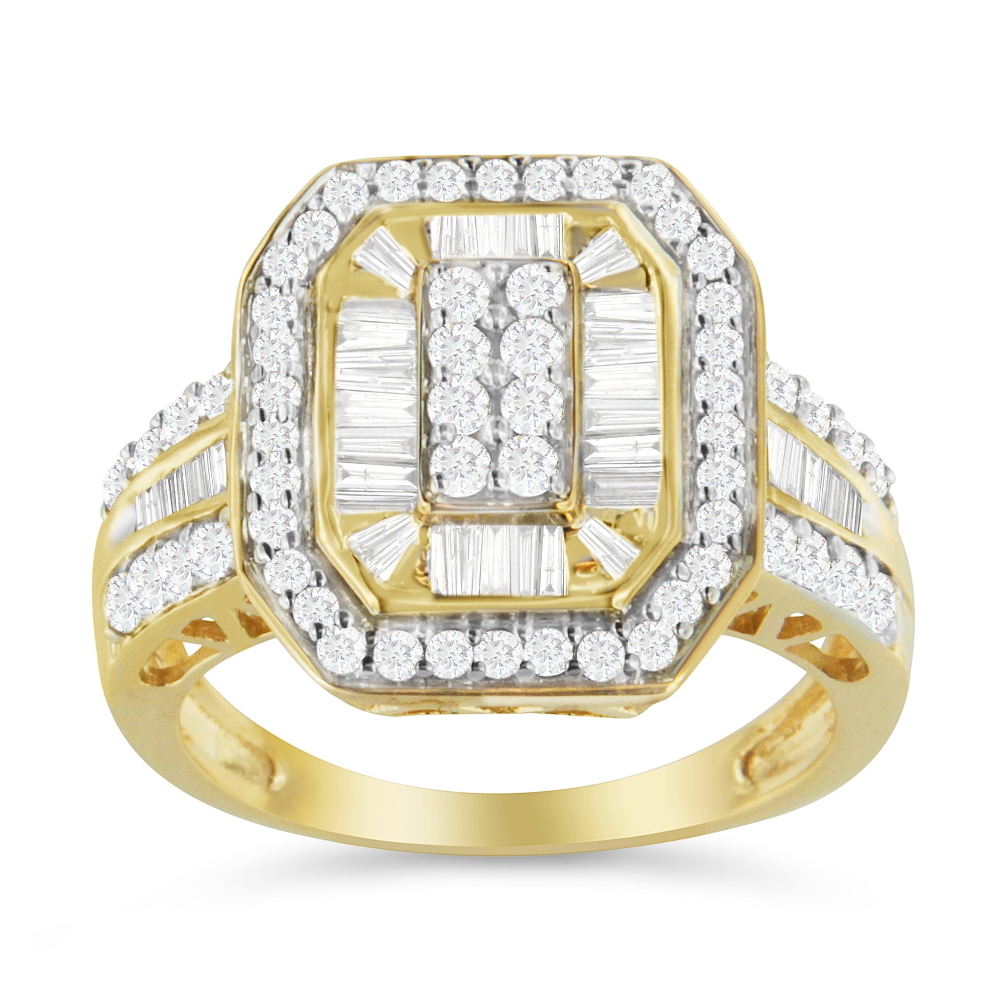 10K Yellow Gold 1.0 Cttw Diamond Vintage Inspired Baguette-Cut Double Halo Emerald-Shaped Frame Cocktail Ring (I-J Color, I1-I2 Clarity) - Size 6-1/2 - LinkagejewelrydesignLinkagejewelrydesign