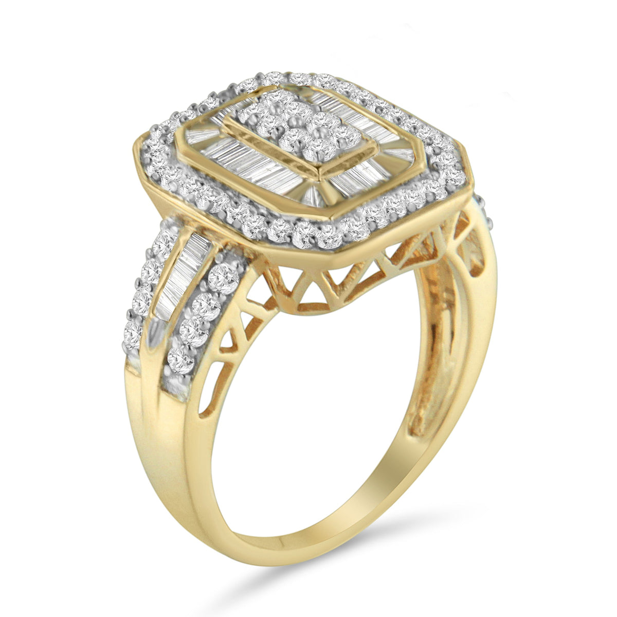10K Yellow Gold 1.0 Cttw Diamond Vintage Inspired Baguette-Cut Double Halo Emerald-Shaped Frame Cocktail Ring (I-J Color, I1-I2 Clarity) - Size 6-1/2 - LinkagejewelrydesignLinkagejewelrydesign