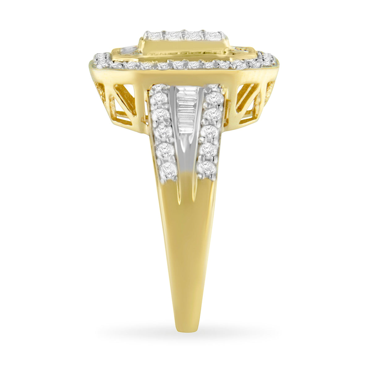 10K Yellow Gold 1.0 Cttw Diamond Vintage Inspired Baguette-Cut Double Halo Emerald-Shaped Frame Cocktail Ring (I-J Color, I1-I2 Clarity) - Size 6-1/2 - LinkagejewelrydesignLinkagejewelrydesign