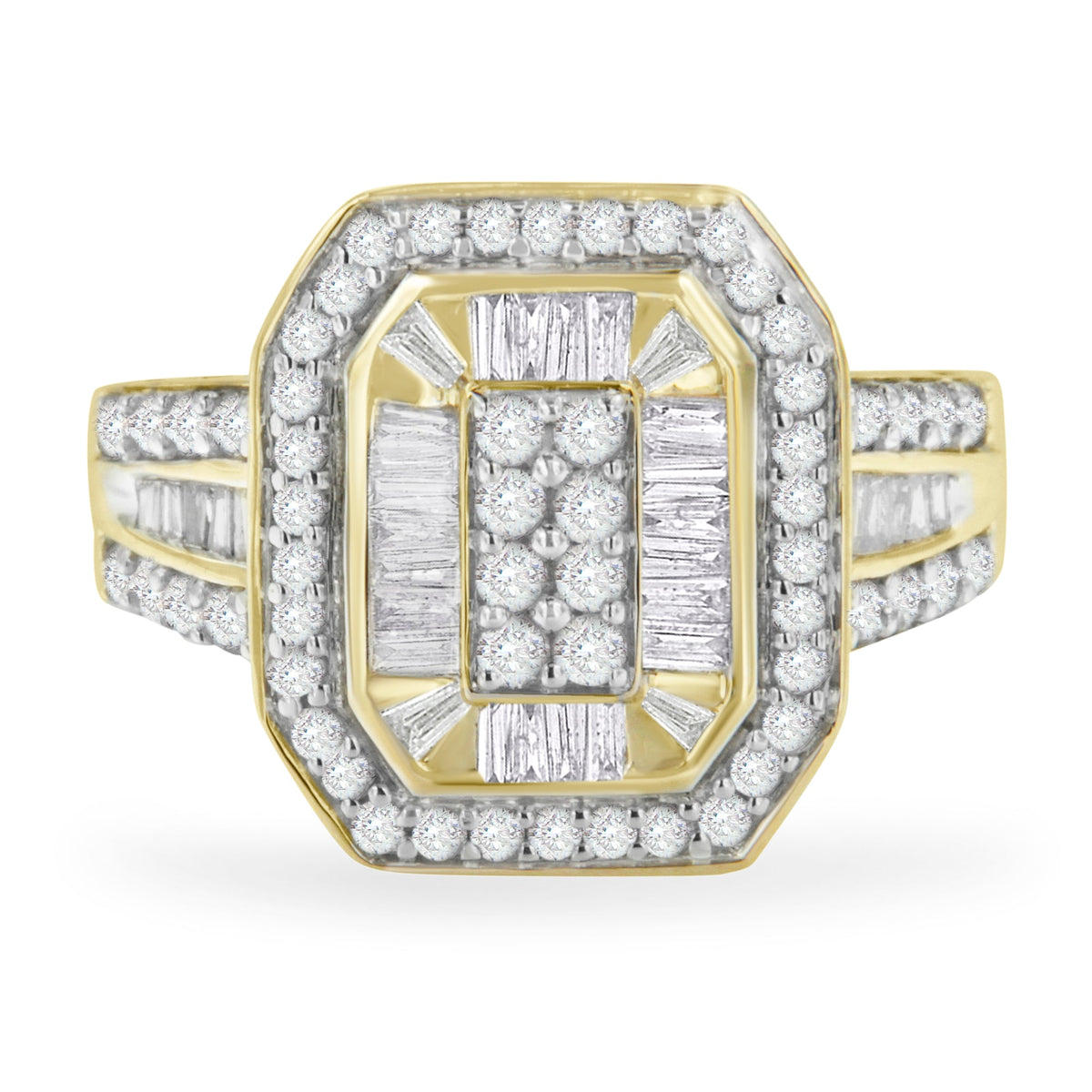 10K Yellow Gold 1.0 Cttw Diamond Vintage Inspired Baguette-Cut Double Halo Emerald-Shaped Frame Cocktail Ring (I-J Color, I1-I2 Clarity) - Size 6-1/2 - LinkagejewelrydesignLinkagejewelrydesign