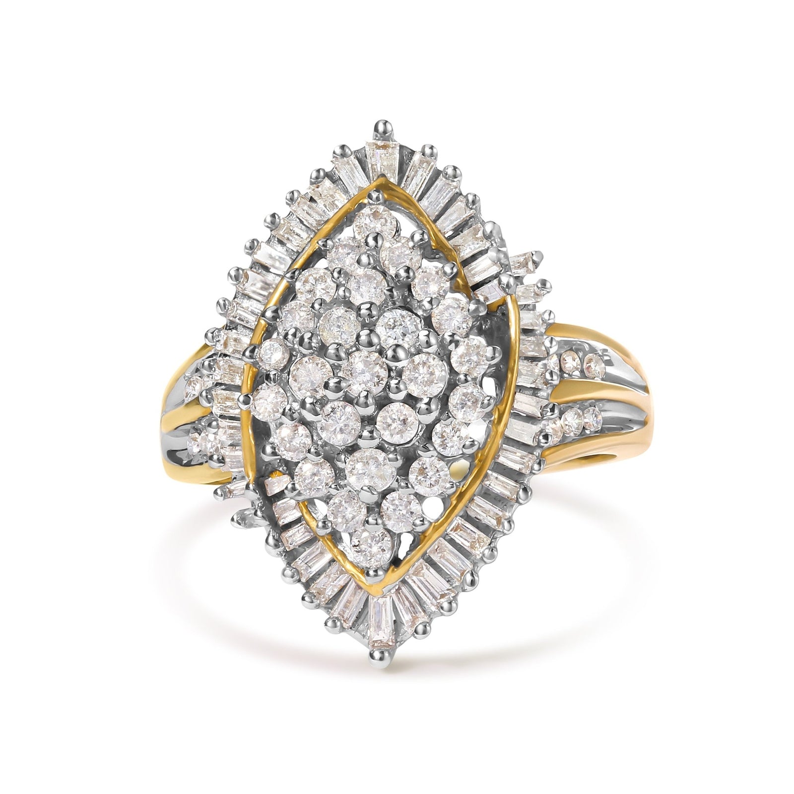 10K Yellow Gold 1.0 Cttw Round and Baguette-Cut Diamond Cluster Ring (I-J Color, SI2-I1 Clarity) - Size 7 - LinkagejewelrydesignLinkagejewelrydesign