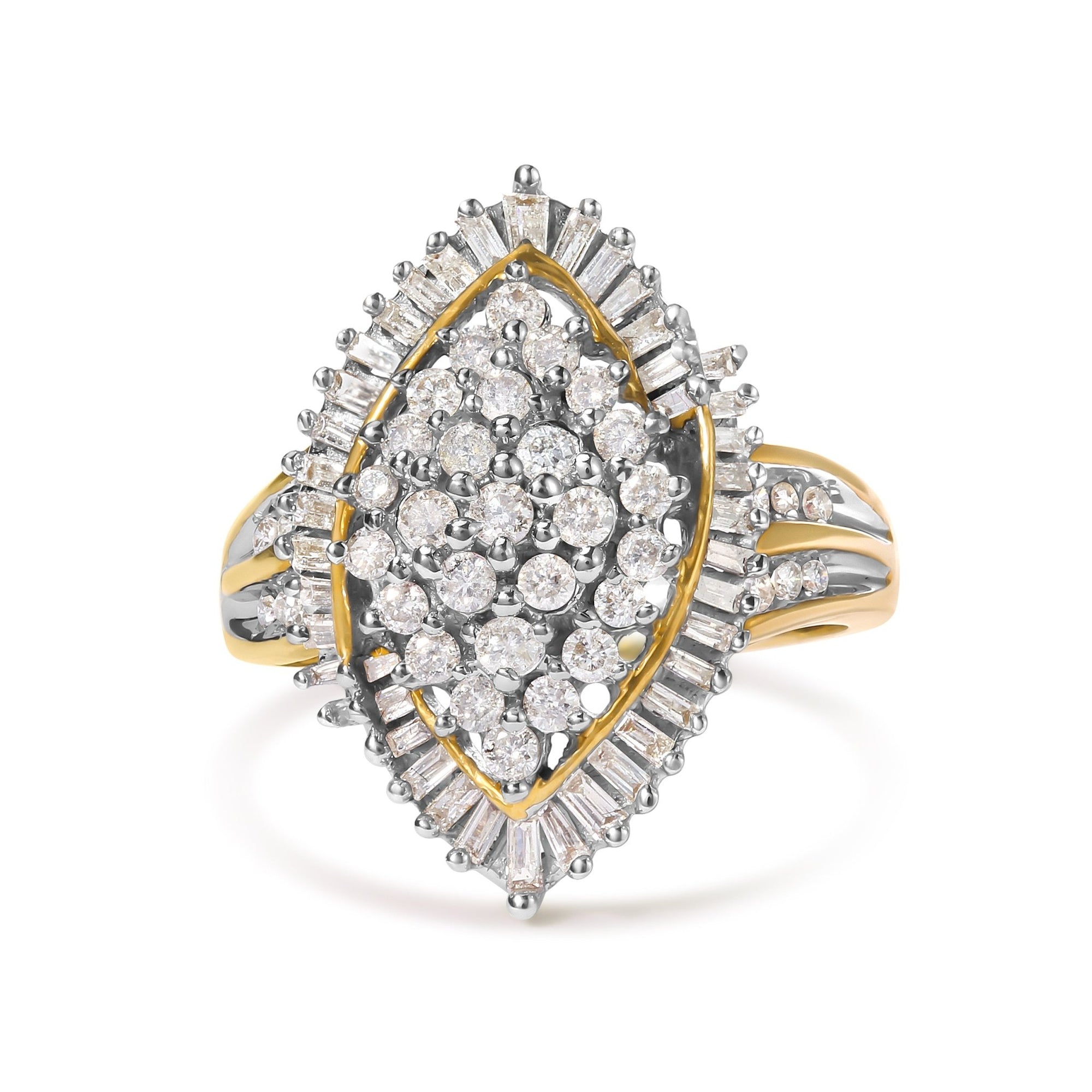 10K Yellow Gold 1.0 Cttw Round and Baguette-Cut Diamond Cluster Ring (I-J Color, SI2-I1 Clarity) - Size 7 - LinkagejewelrydesignLinkagejewelrydesign