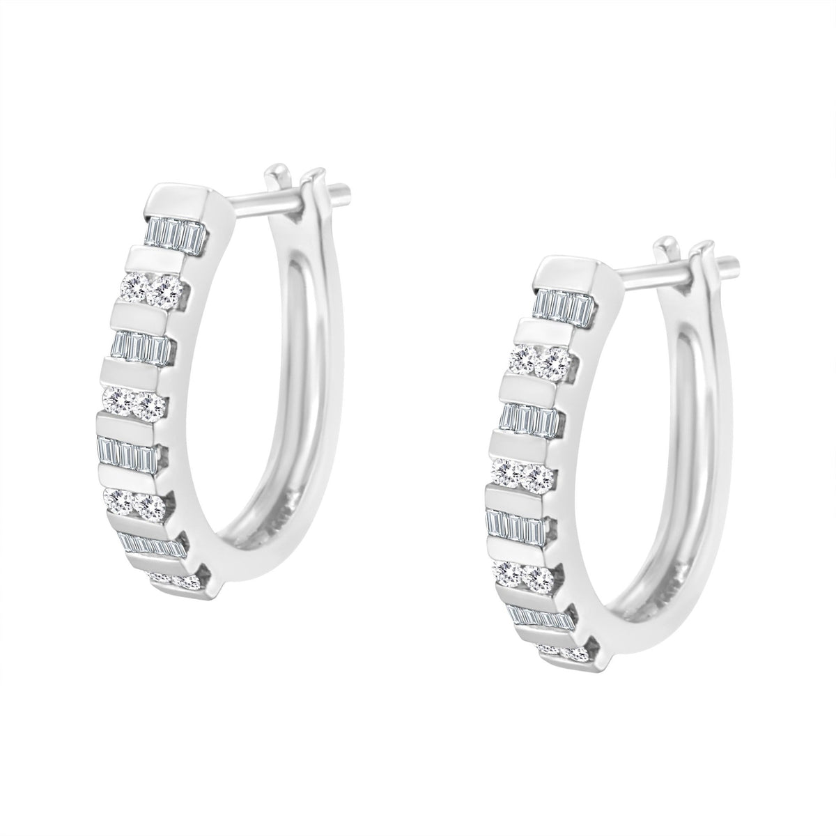 10K Yellow Gold 1.0 Cttw Round and Baguette-Cut Diamond Hoop Earrings (I-J Color, I2-I3 Clarity) - LinkagejewelrydesignLinkagejewelrydesign