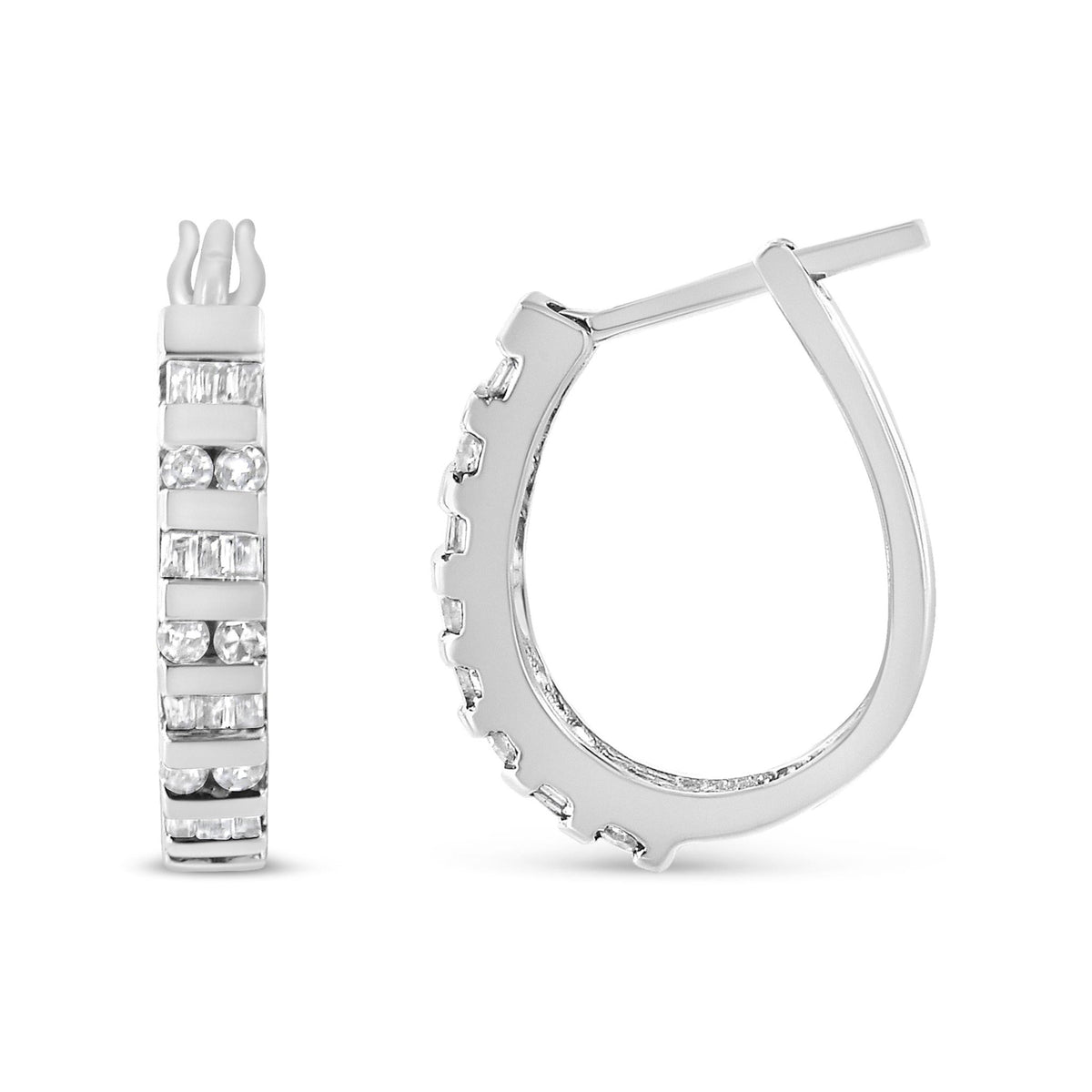 10K Yellow Gold 1.0 Cttw Round and Baguette-Cut Diamond Hoop Earrings (I-J Color, I2-I3 Clarity) - LinkagejewelrydesignLinkagejewelrydesign
