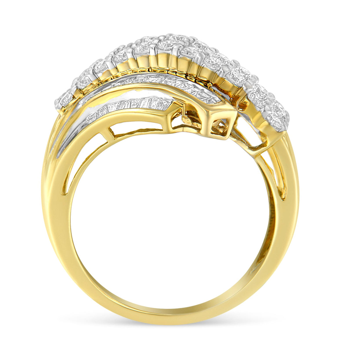 10K Yellow Gold 1.0 Cttw Round &amp; Baguette Cut Diamond 64 Stone Bypass Style Channel Set Modern Statement Ring (H-I Color, SI1-SI2 Clarity) - Size 6 - LinkagejewelrydesignLinkagejewelrydesign