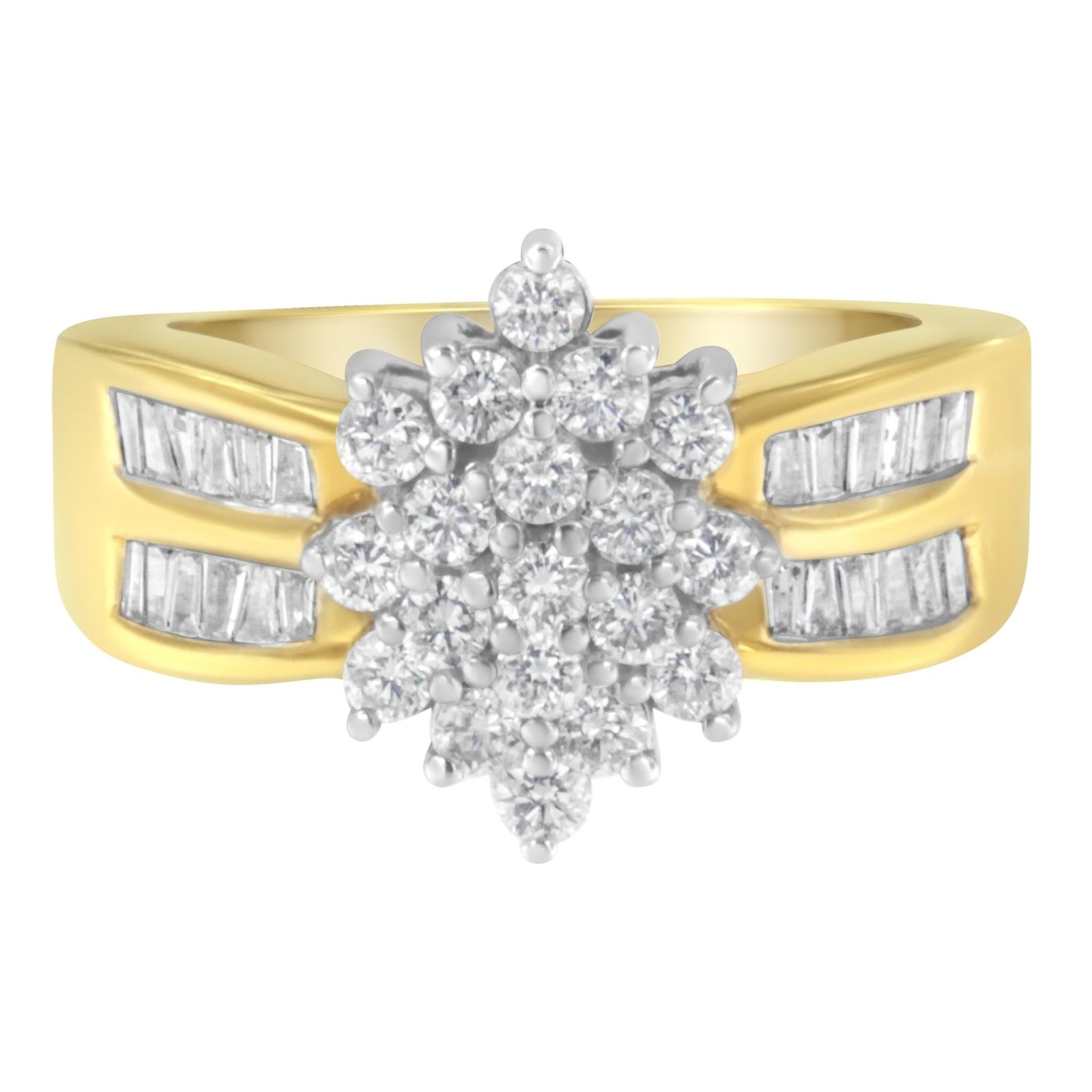 10K Yellow Gold 1.0 Cttw Round & Baguette Cut Diamond Floral Cluster Double-Channel Flared Band Statement Ring (H-I Color, SI2-I1 Clarity) - Size 6-1/2 - LinkagejewelrydesignLinkagejewelrydesign