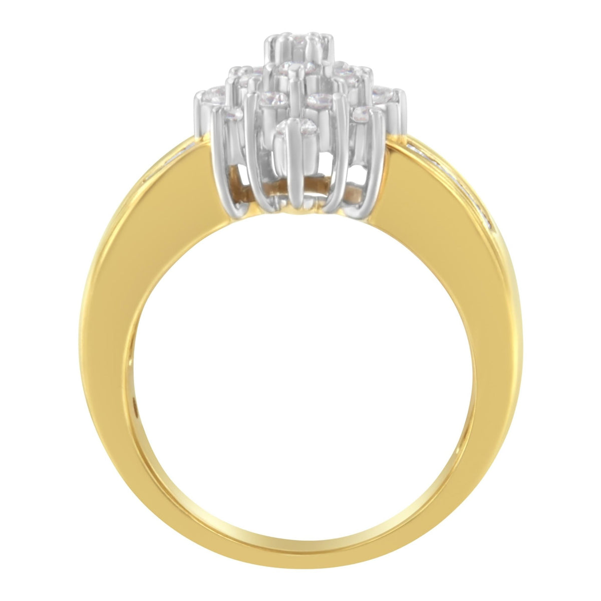 10K Yellow Gold 1.0 Cttw Round &amp; Baguette Cut Diamond Floral Cluster Double-Channel Flared Band Statement Ring (H-I Color, SI2-I1 Clarity) - Size 6-1/2 - LinkagejewelrydesignLinkagejewelrydesign