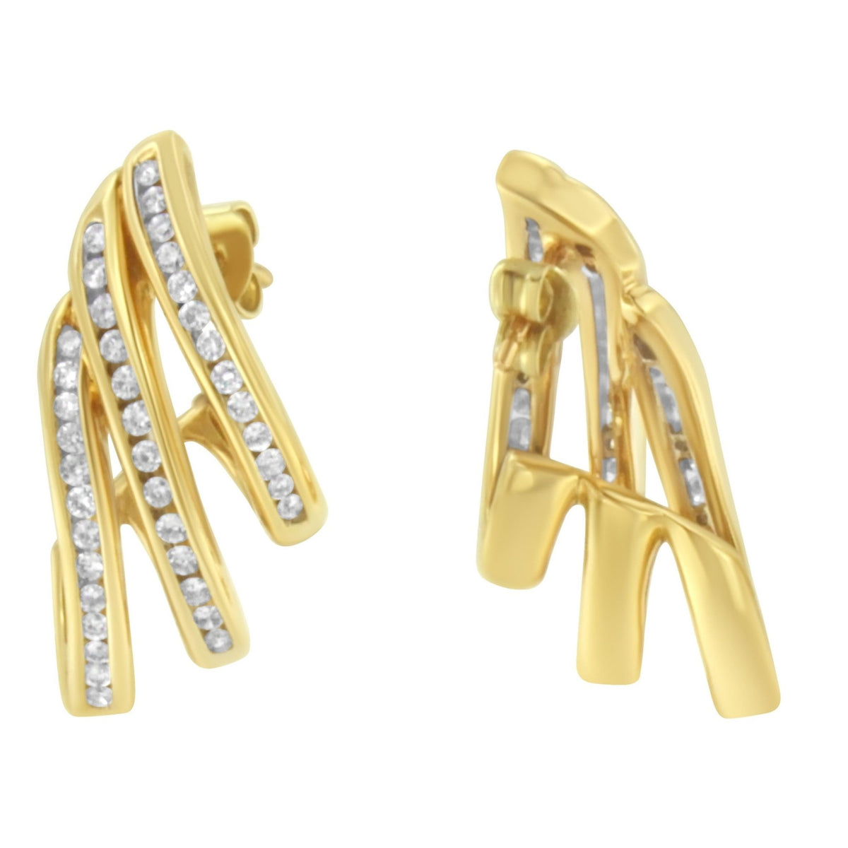 10K Yellow Gold 1.0 Cttw Round Brilliant Cut Diamond Spiral Multi Row Channel Set Open Hoop Pushback Stud Earrings (H-I Color, I1-I2 Clarity) - LinkagejewelrydesignLinkagejewelrydesign